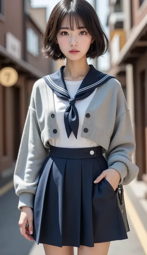 8k,Ultra High Definition , Highest Quality, masterpiece,rule of thirds,golden ratio,surreal,pictures, One woman,( girl:1.3),cute,cute顔, Beautiful Eyes in Every Detail , 細かくdetails,mature women who are rebellious to me,Full body,black hair,Short Wavy bob,ID...