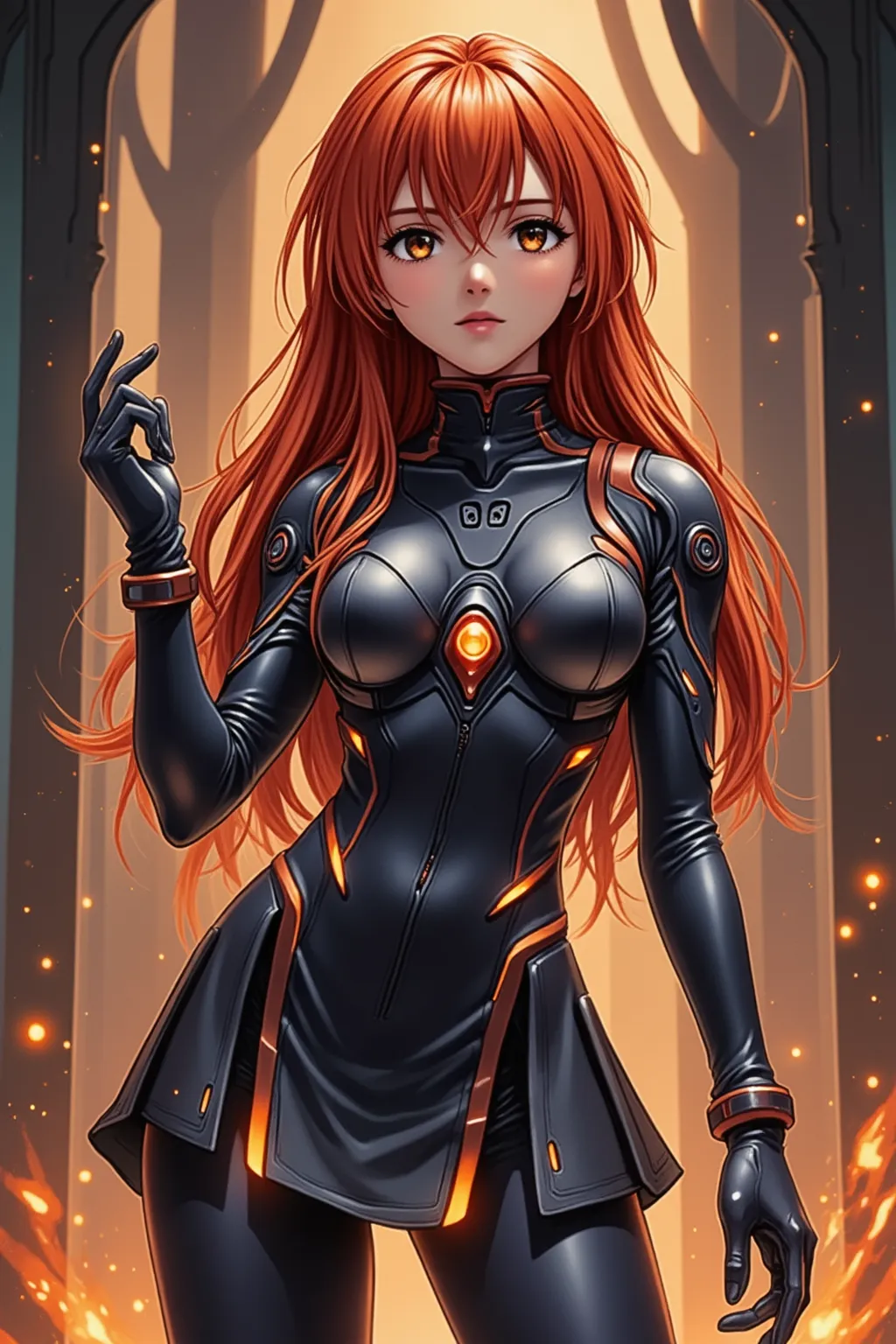 🌟:ultra-detailed anime artwork, dynamic lighting, realistic rendering of textures, side view.
🌌:which is in a mix of futuristic and magical surroundings, shimmering energy effects in the background, tiefdunkle, atmospheric colors .
😈:a young woman with fiery red hair and a confident look, wears a tight-fitting combat suit and skirt, that combines futuristic and magical elements and accentuates her figure.
🔥:She stands in a powerful pose, one hand slightly raised, as if she were controlling magic or technology, ein intensiver, challenging expression lies on her face, radiates power and sensual strength.
💋:Ein ultra-detailed anime artwork einer rothaarigen Frau in einem figurbetonten Kampfanzug mit rock, which is set in a mix of futuristic and magical surroundings, a mixture of futuristic metal structures and floating magical runes.