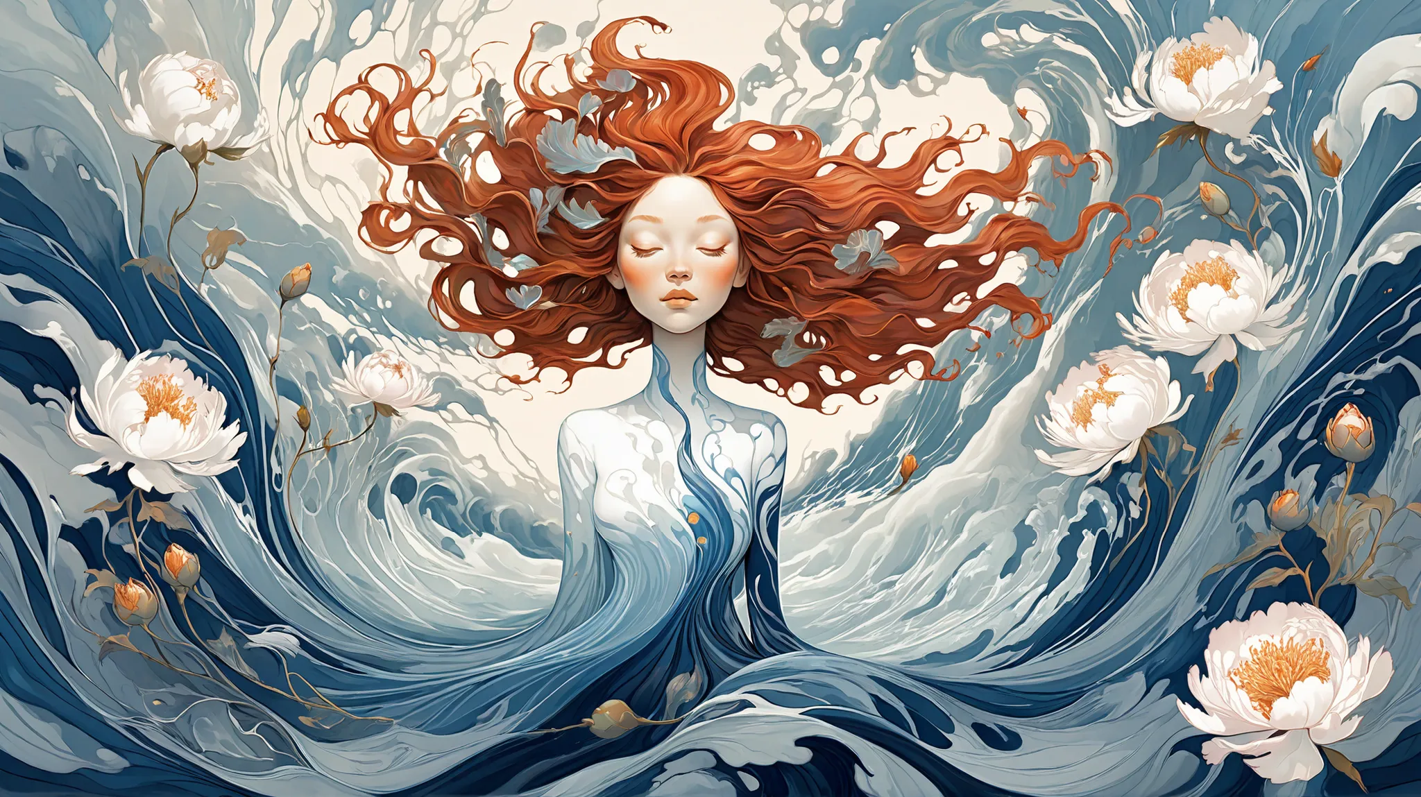 A detailed digital illustration of a powerful feminine figure , her flowing hair creating hypnotic waves based on F(x) = x³*sin(x) + cos(x²)*sin(x), inspired by James Jean's surreal artistic style, her hair intertwining with blooming peonies and swirling b...