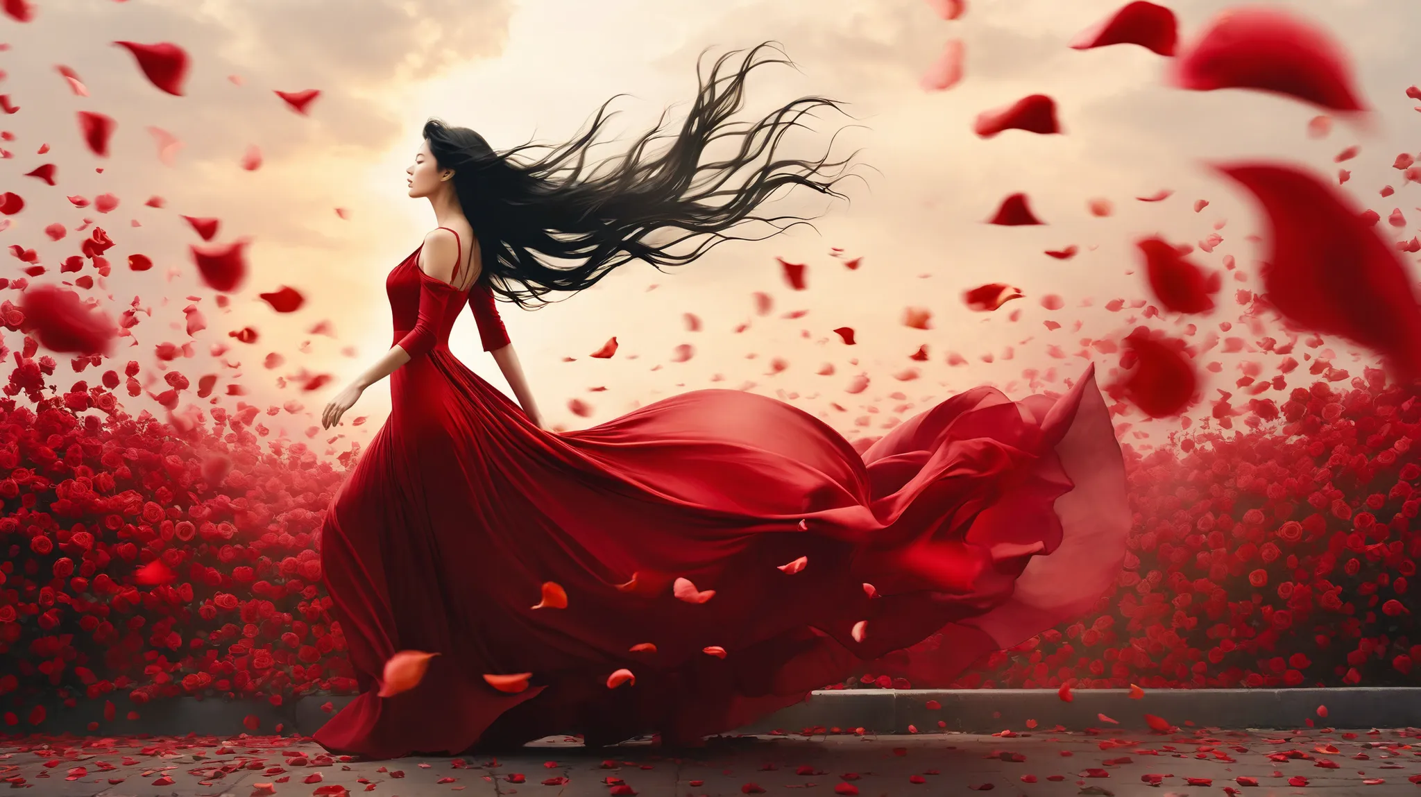 A beautiful woman wearing a flowing red dress with a train that transforms into roses and rose petals scattered in the wind; the woman is walking away, her long black hair flowing in the same direction as the petals, depicted in an ethereal and artistic ph...