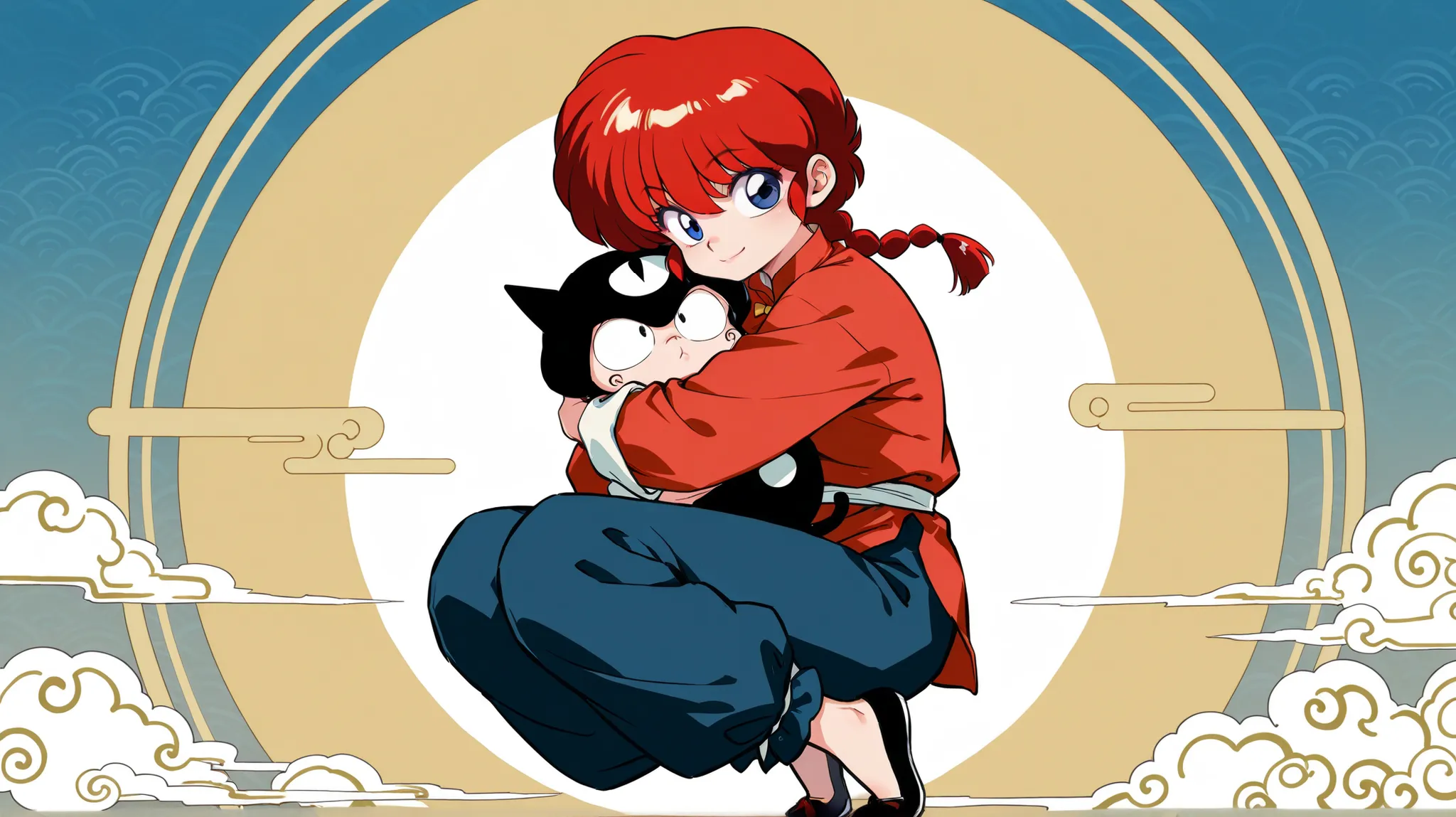 1 girl only, Ranma woman, dressed in her characteristic clothes, look of satisfaction with a slight smile, (full body hugging )