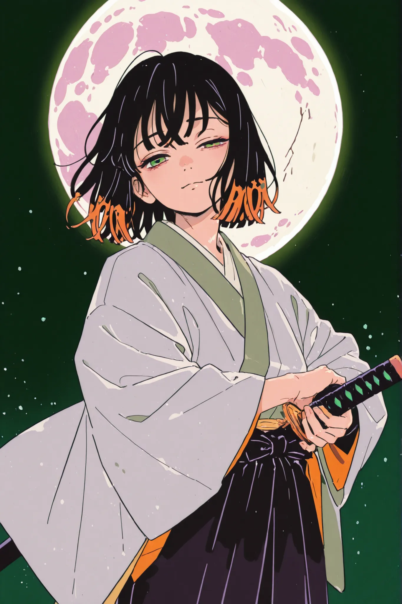 2d, 1boy, neck-length black hair, pink –green eyes ,half closed eye ,upper body, jumping side looking at the viewer, ethereal gaze , demon slayer (Koyoharu Gotoge), unsheathing a curved katana (tachi), bronze color sheath, tsuba oval bronze shape , d...