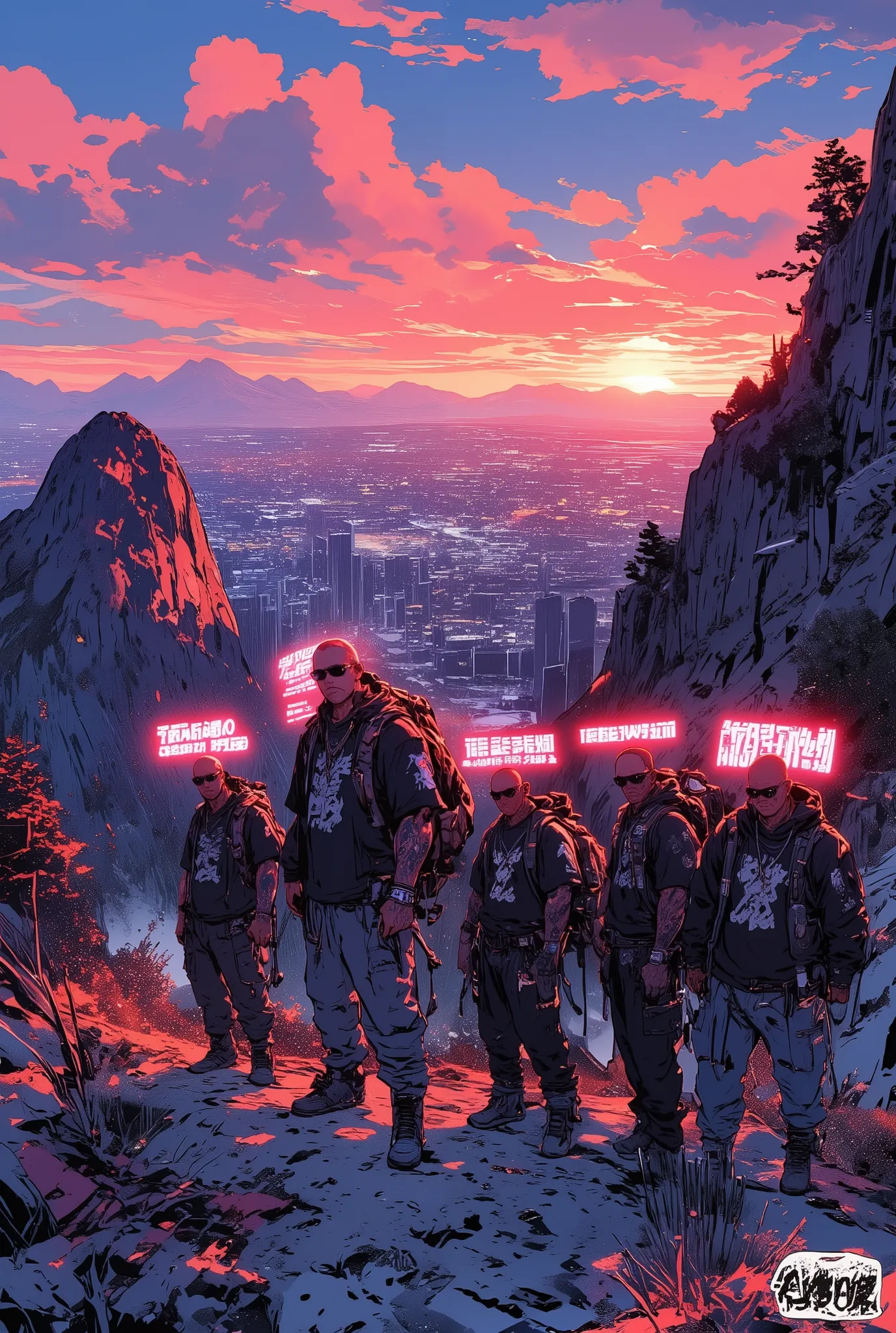 four tough-looking men wearing GTA-style gangster outfits, climbing a rugged mountain trail together, each wearing urban streetwear with sunglasses, chains, and tattoos, standing confidently with backpacks and climbing gear, the cityscape of San Andreas sp...