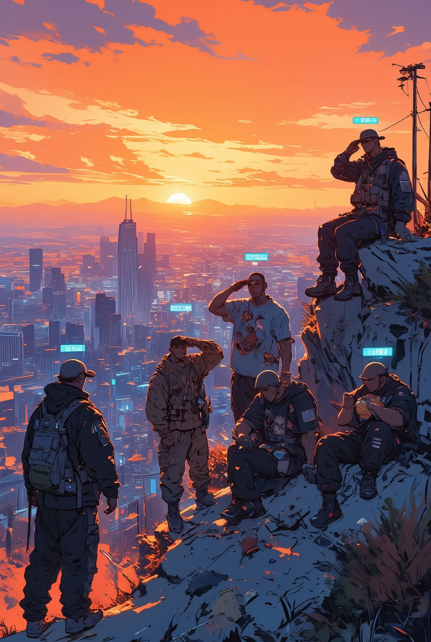 four men in GTA-style gangster outfits climbing a mountain, each performing a different emote: one is doing a silly dance, one is giving a serious military-style salute, one is sitting on a rock eating snacks, and one is flexing his muscles dramatically, a...