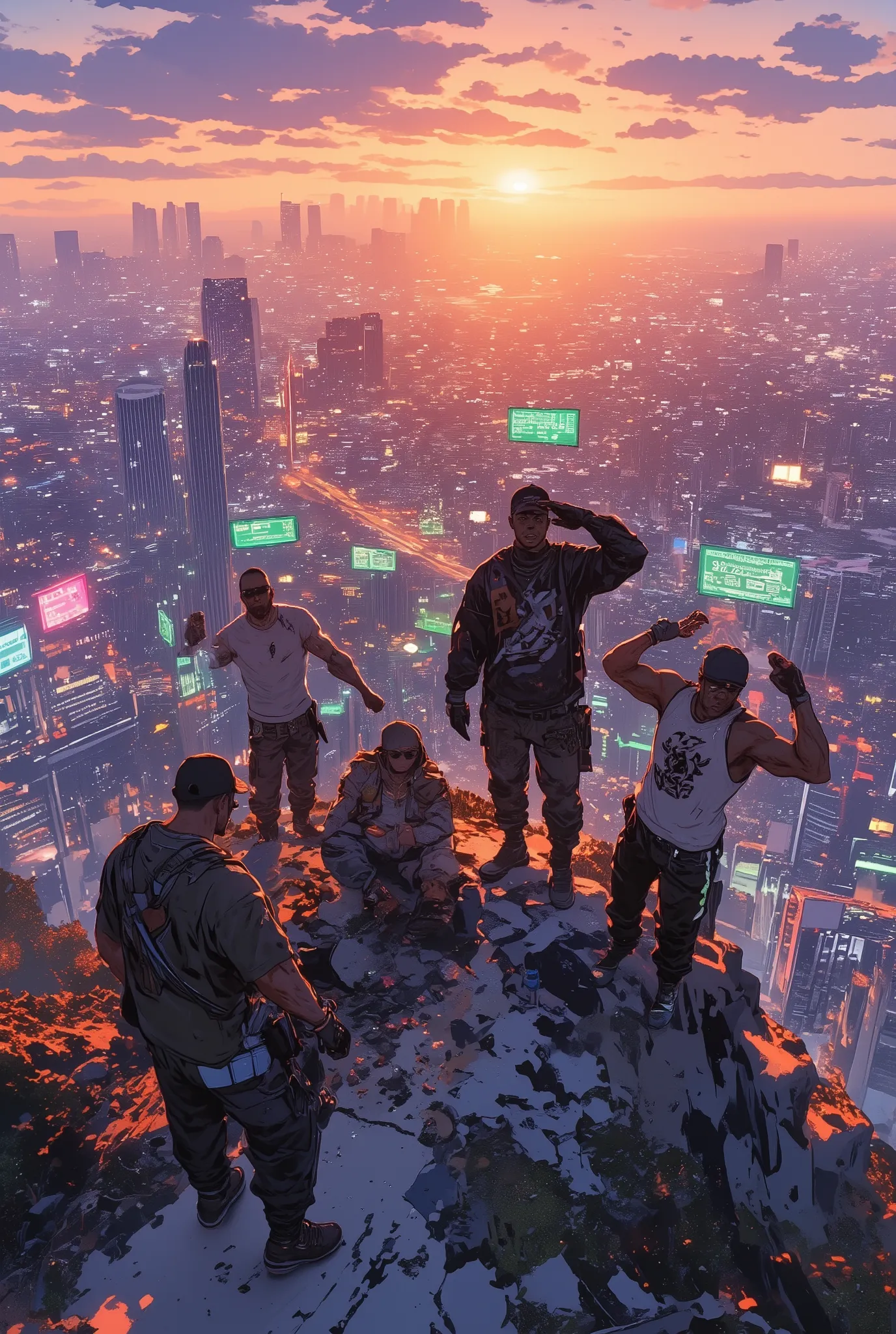 four men in GTA-style gangster outfits climbing a mountain, each performing a different emote: one is doing a silly dance, one is giving a serious military-style salute, one is sitting on a rock eating snacks, and one is flexing his muscles dramatically, a...