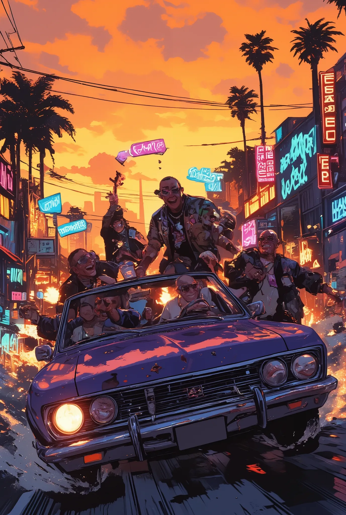 a group of four men riding together in a car, speeding through the streets of San Andreas at sunset, urban environment with palm trees, neon signs, and graffiti-covered walls rushing past, the men wear mismatched GTA-style gangster outfits, laughing and sh...