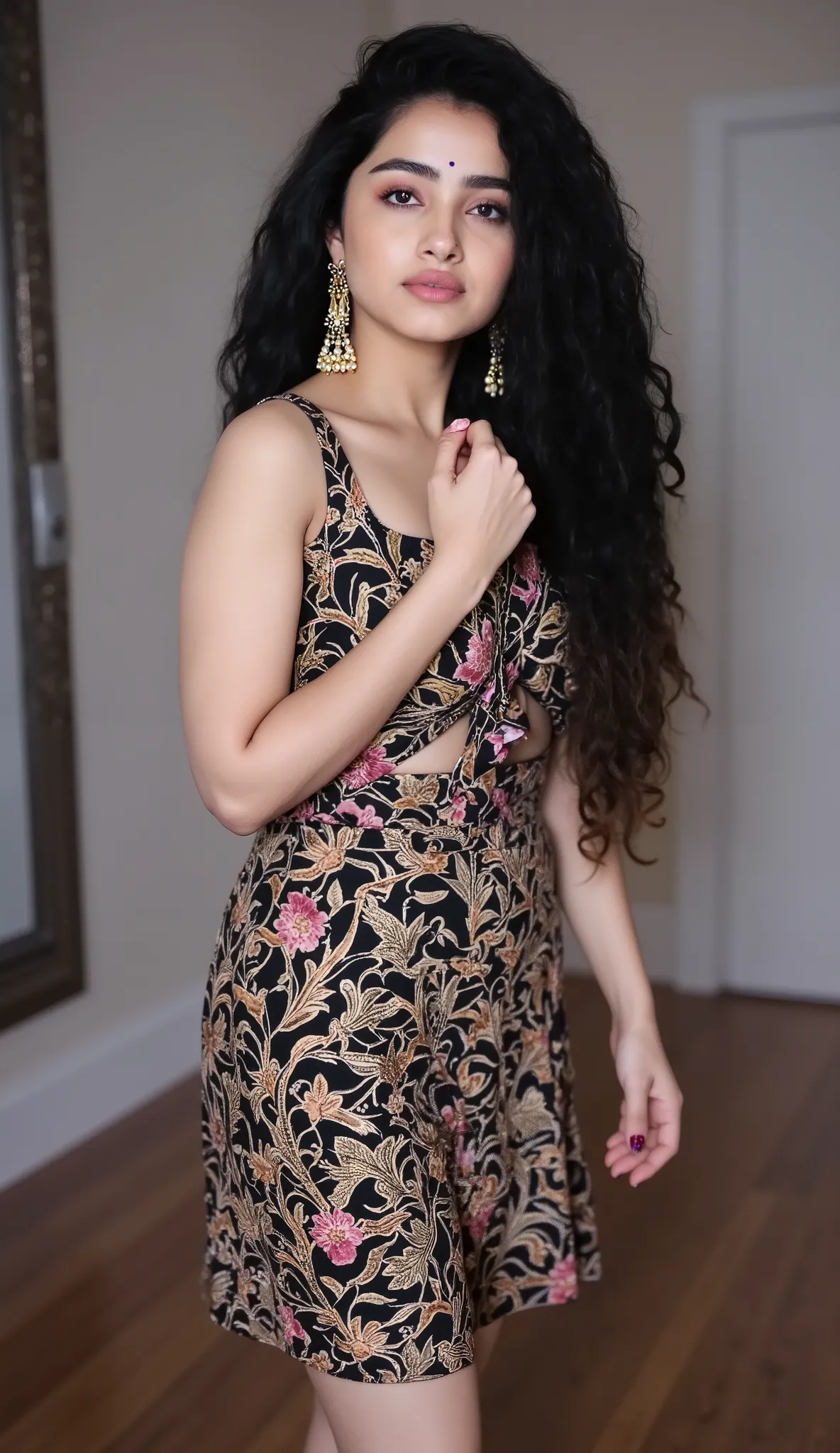 tall hot slim thick healthy curvy physique body white skin toned south indian white skin curvy girl with long black hair, thick thighs, woman wearing Tamanna Dress, in skyscraper apartment bedroom, ultra hd photo, 4k picture, looking at camera,navel