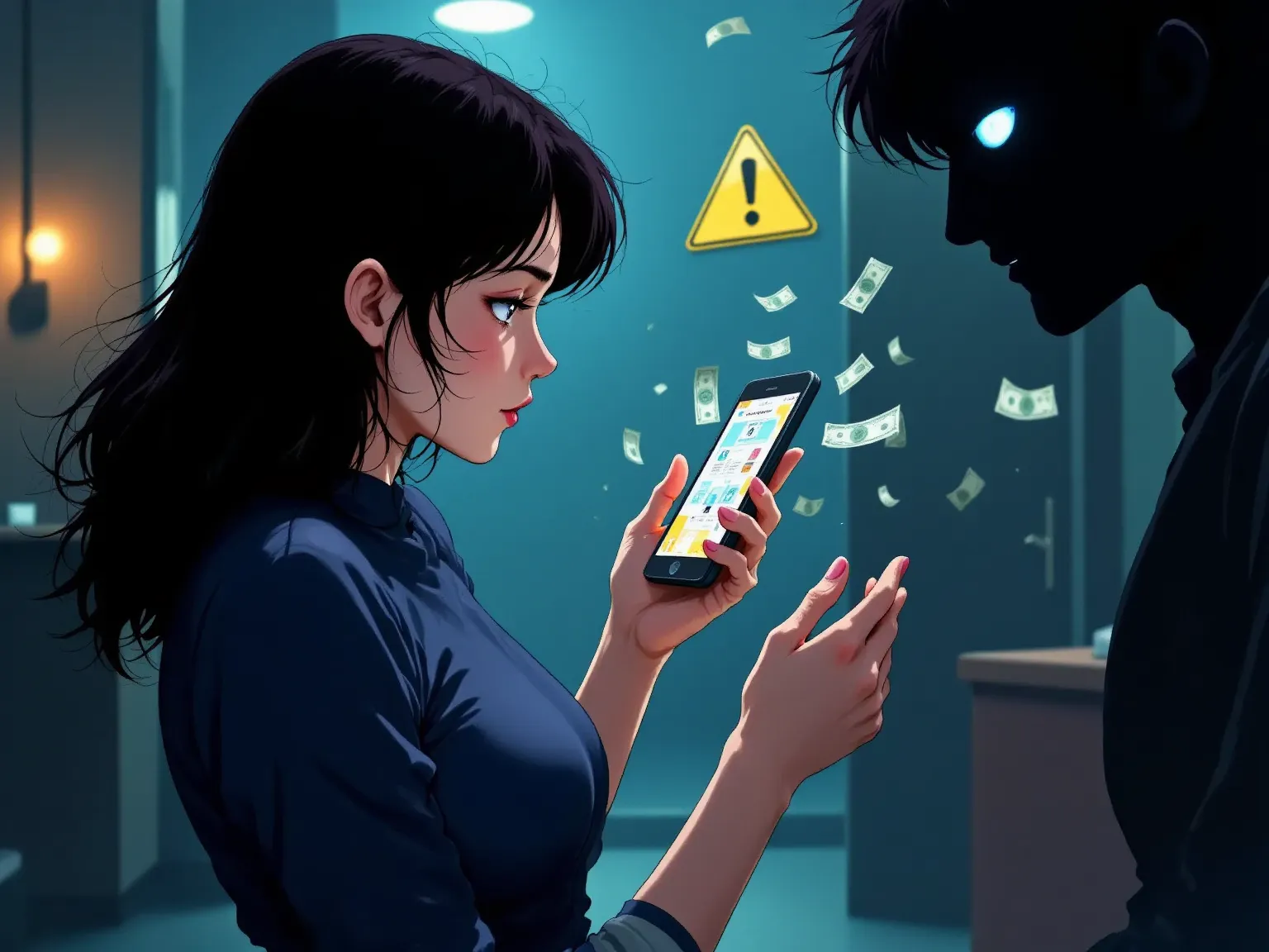 (Phishing image:1.5),woman pressing the mobile phone screen,image of the Money flying out of a mobile phone screen、the money being siphoned up goes to the culprit、The culprit has a black silhouette,1980’s anime style ,(yellow sign "caution" in the air)