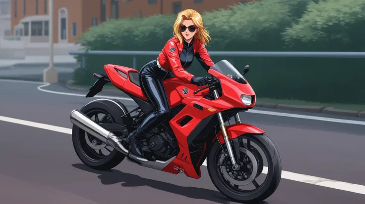 female face biker with sunglasses riding old motorcycle on the road city at night retro 90s