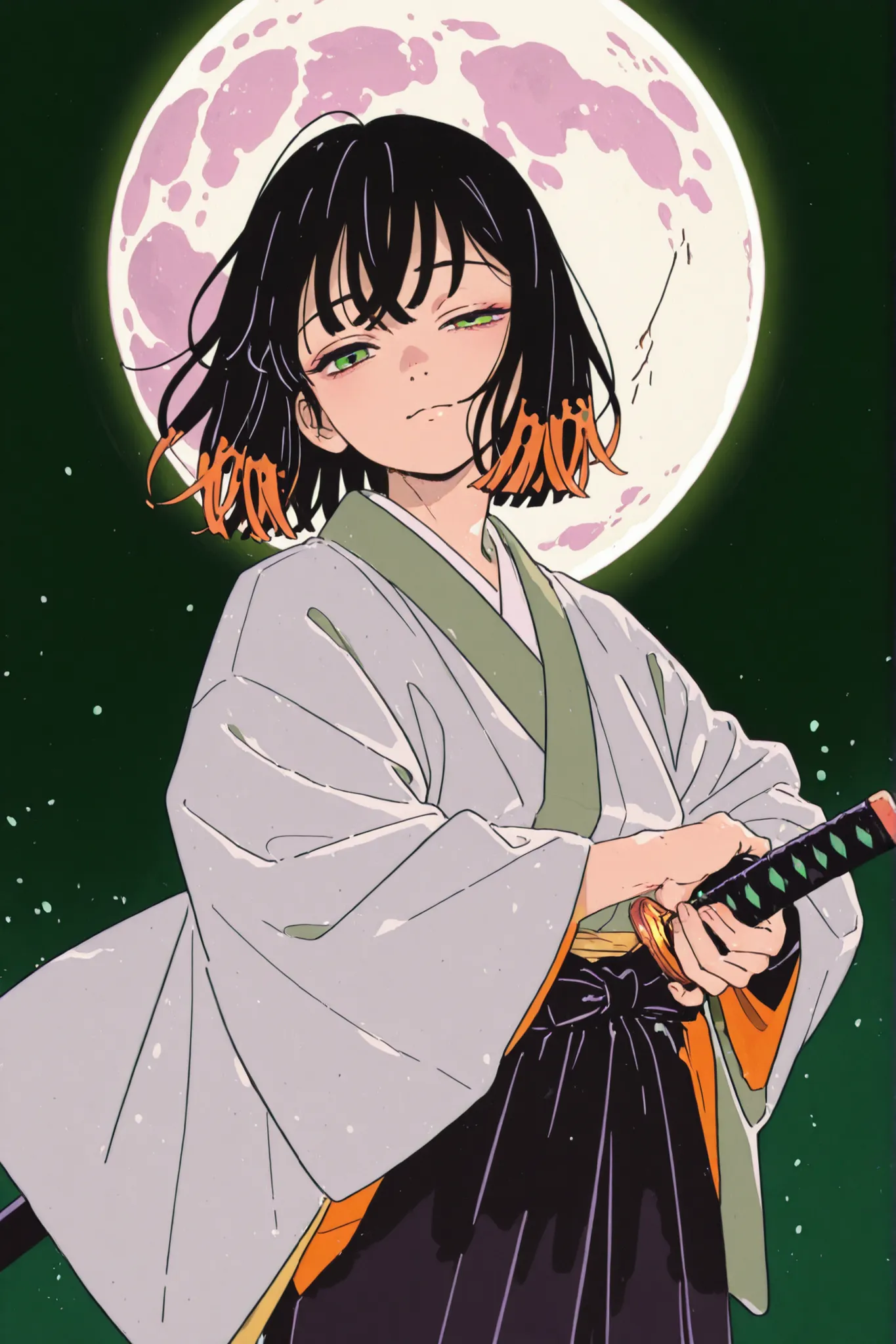 2d, 1boy, neck-length black hair, pink –green eyes ,half closed eye ,upper body, jumping side looking at the viewer, ethereal gaze , demon slayer (Koyoharu Gotoge), unsheathing a curved katana (tachi), bronze color sheath, tsuba oval bronze shape , d...