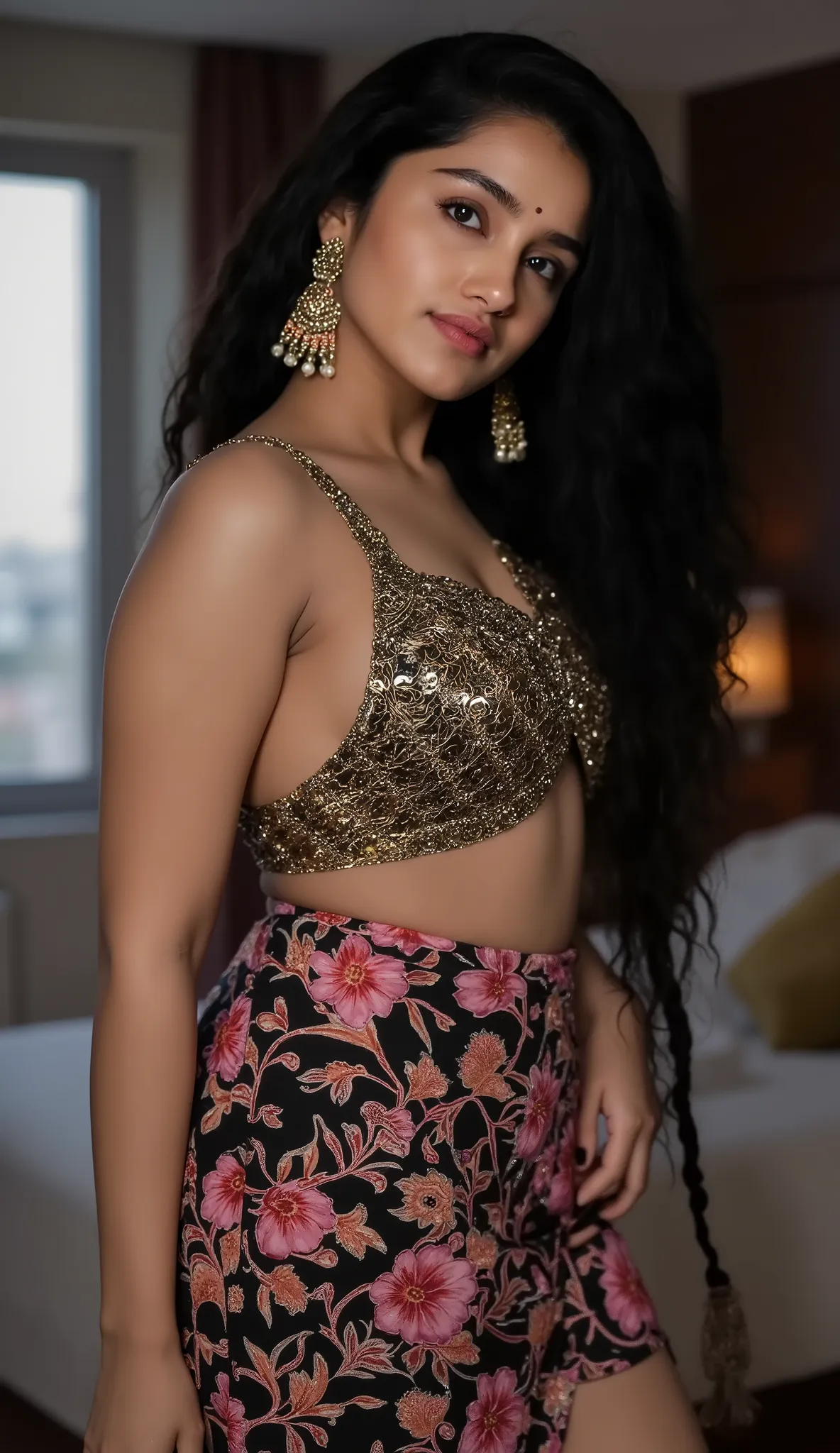 tall hot slim thick healthy curvy physique body white skin toned south indian white skin curvy girl with long black hair, thick thighs, woman wearing Tamanna Dress, in skyscraper apartment bedroom, ultra hd photo, 4k picture, looking at camera,navel