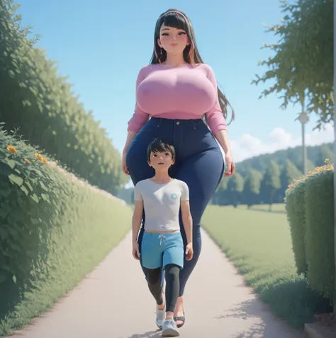 Tall voluptuous girl walking with small boyfriend