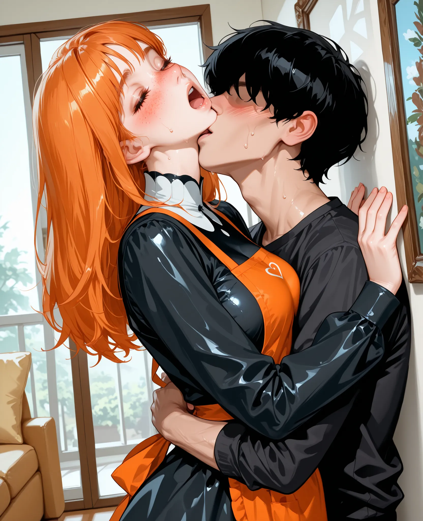 score_9, score_8_up, score_7_up, 1woman, solo, hair, closed eyes, white milky porcelain skin, white-skinned female, freckles, long straight orange hair with bangs, lovely medium breasts, perfect body, black dress, orange apron, sweat, female organism, open...