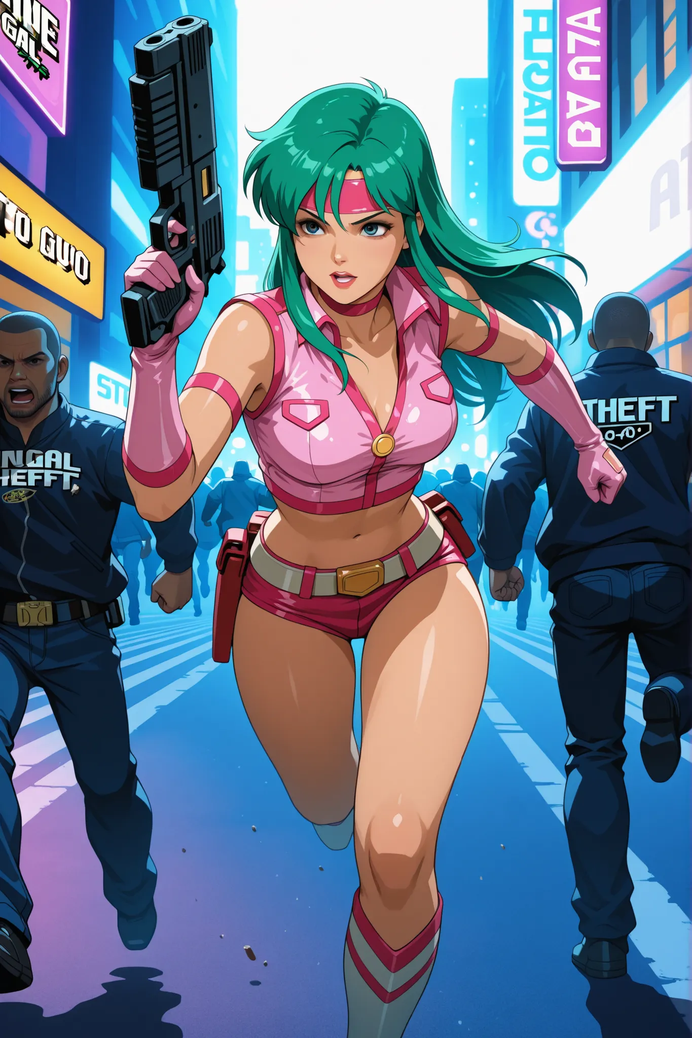 Time Gal with long green hair, running with a gun, on a crowded street, in Grand Theft Auto, natural lighting, in a highly detailed anime style