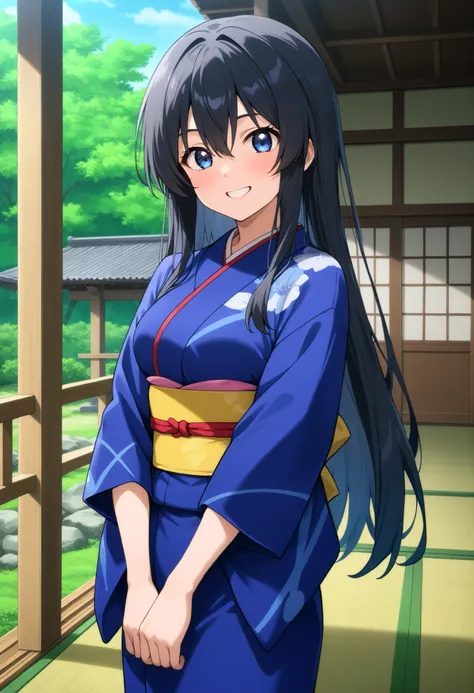 higurashikira, anime screencap, anime coloring, cowboy shot, 
1girl, solo, medium female, toned female, black hair, long hair, bangs, hair between eyes, long sidelocks, blue eyes, medium breasts, 
blue kimono, yellow obi, 
looking at viewer, grin smile, v ...