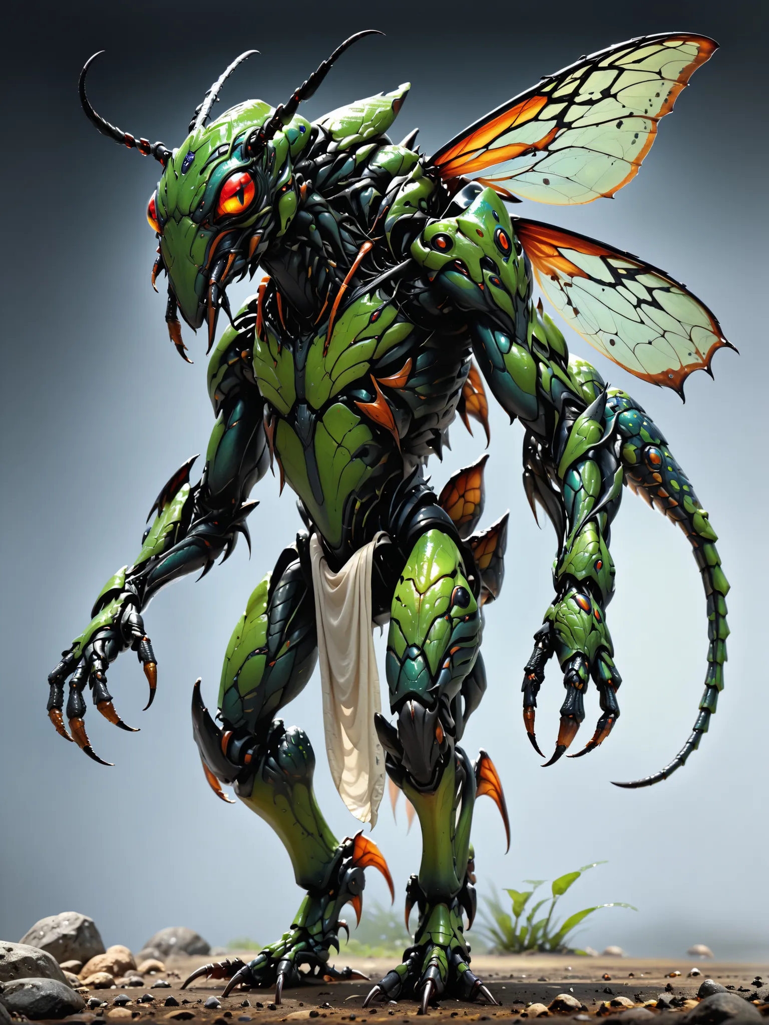 Ultra-realistic Full Body Monster insectoid from multiple angles, frente, nuca, left side profile, right side profile, concept art