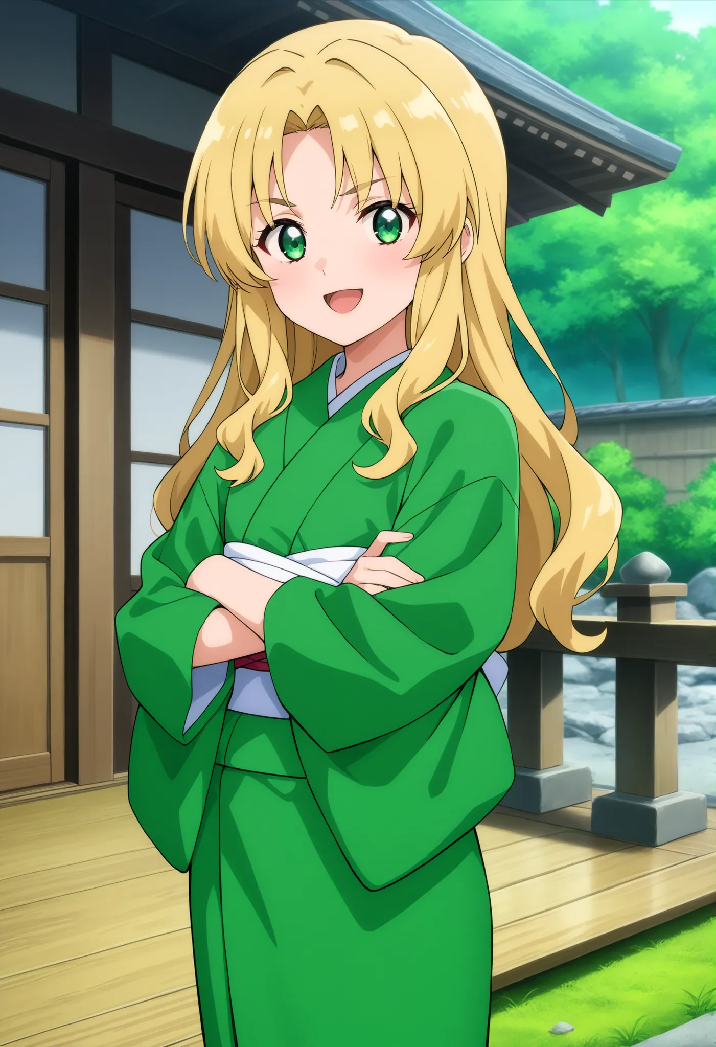 higurashikira, anime screencap, anime coloring, cowboy shot, 
1girl, solo, short female, toned female, beige blonde hair, long hair, layered hair, parted bangs, medium sidelocks, green eyes, flat chest, 
green kimono, white obi, 
looking at viewer, smile, ...