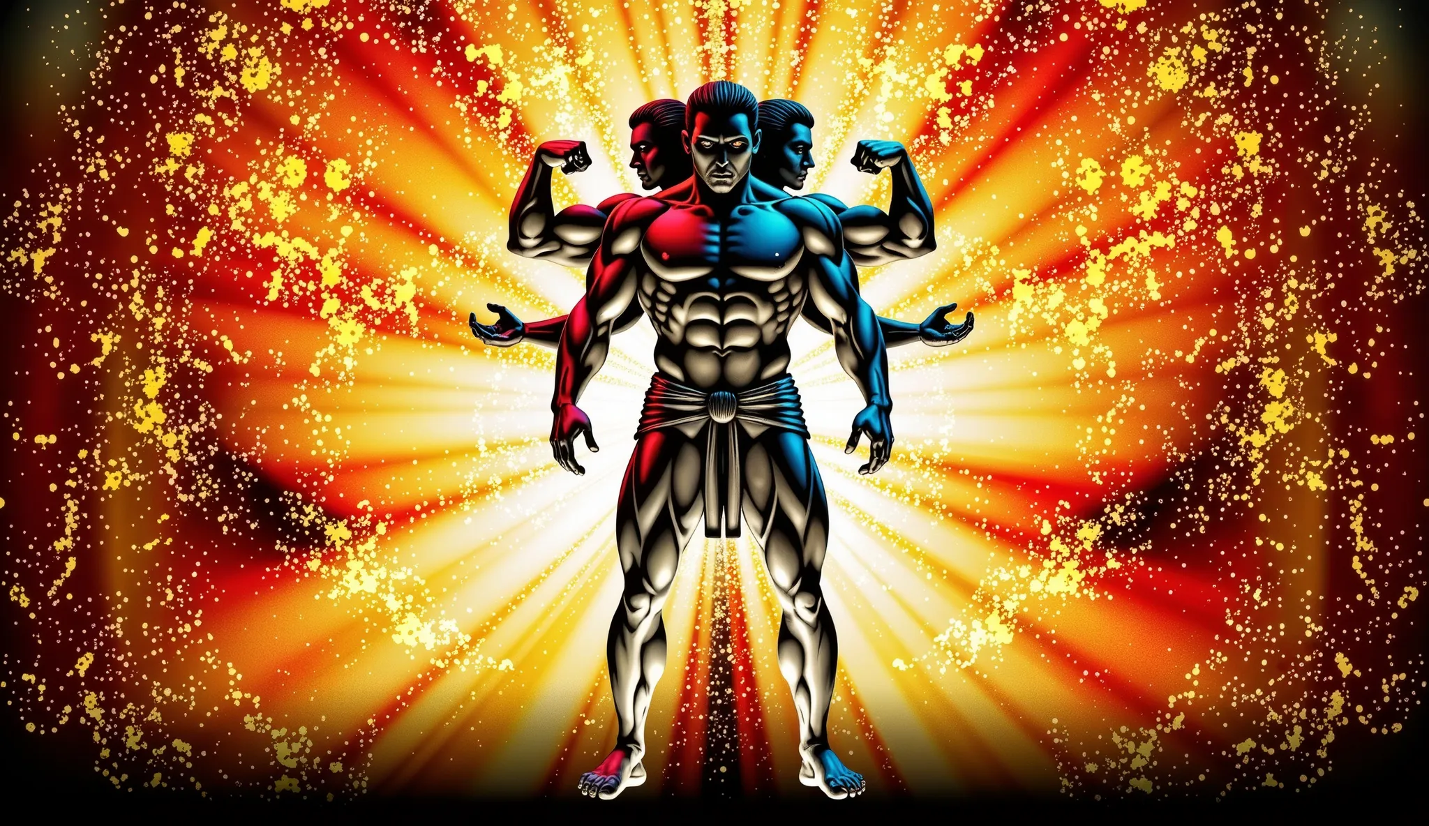 PERFECT HANDS, CORRECT ANATOMY. Epic, realistic and cinematic scene: the mythological giant Geryon stands imposingly, with two strong legs and three torsos perfectly joined at the waist. From the waist up, he appears as three warriors back to back, each wi...