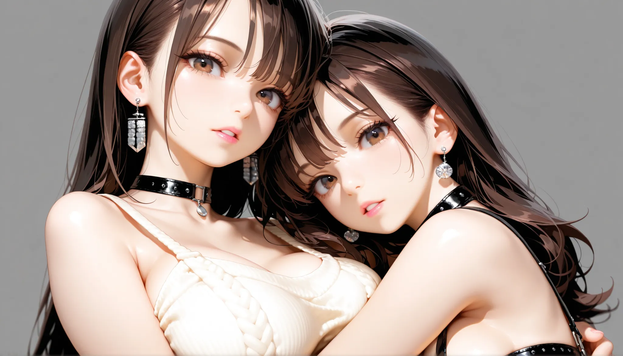masterpiece,best quality,ultra high res,photorealistic,8K UHD,hyper-detailed,depth of field,Duo,2girl,looking at viewer,bangs,Very Fair-skinned,Brown hair,long hair,simple Earring,Dark gray background,simple background,Brown eyes,thick eyelashes,soft gaze,...