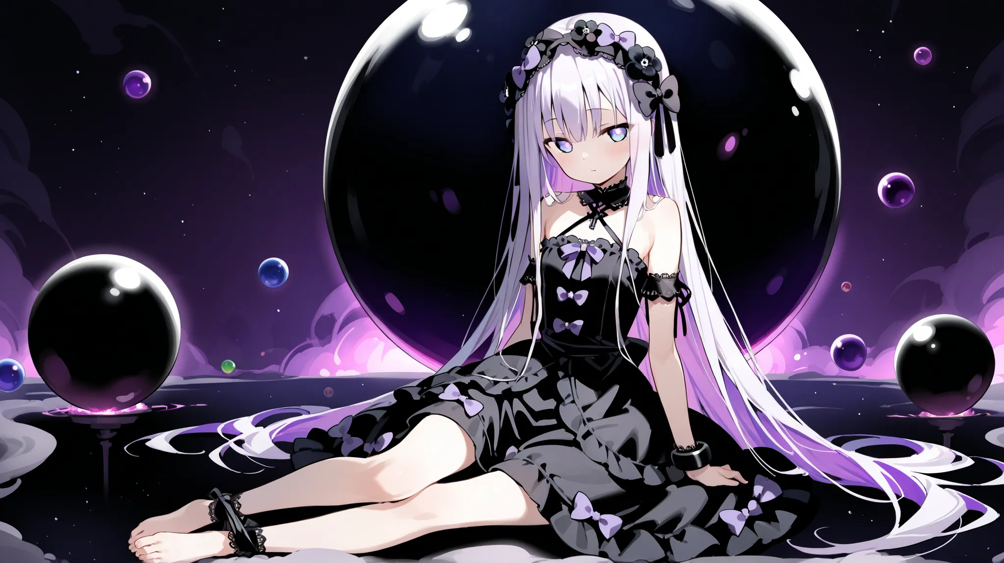 A young-looking anime girl with very long hair, straight and white . ((Her eyes are large and of a bright purple hue, which highlights her melancholic and innocent expression). (She wears a gothic maid dress in dark and white colors, with ruffles and deco...