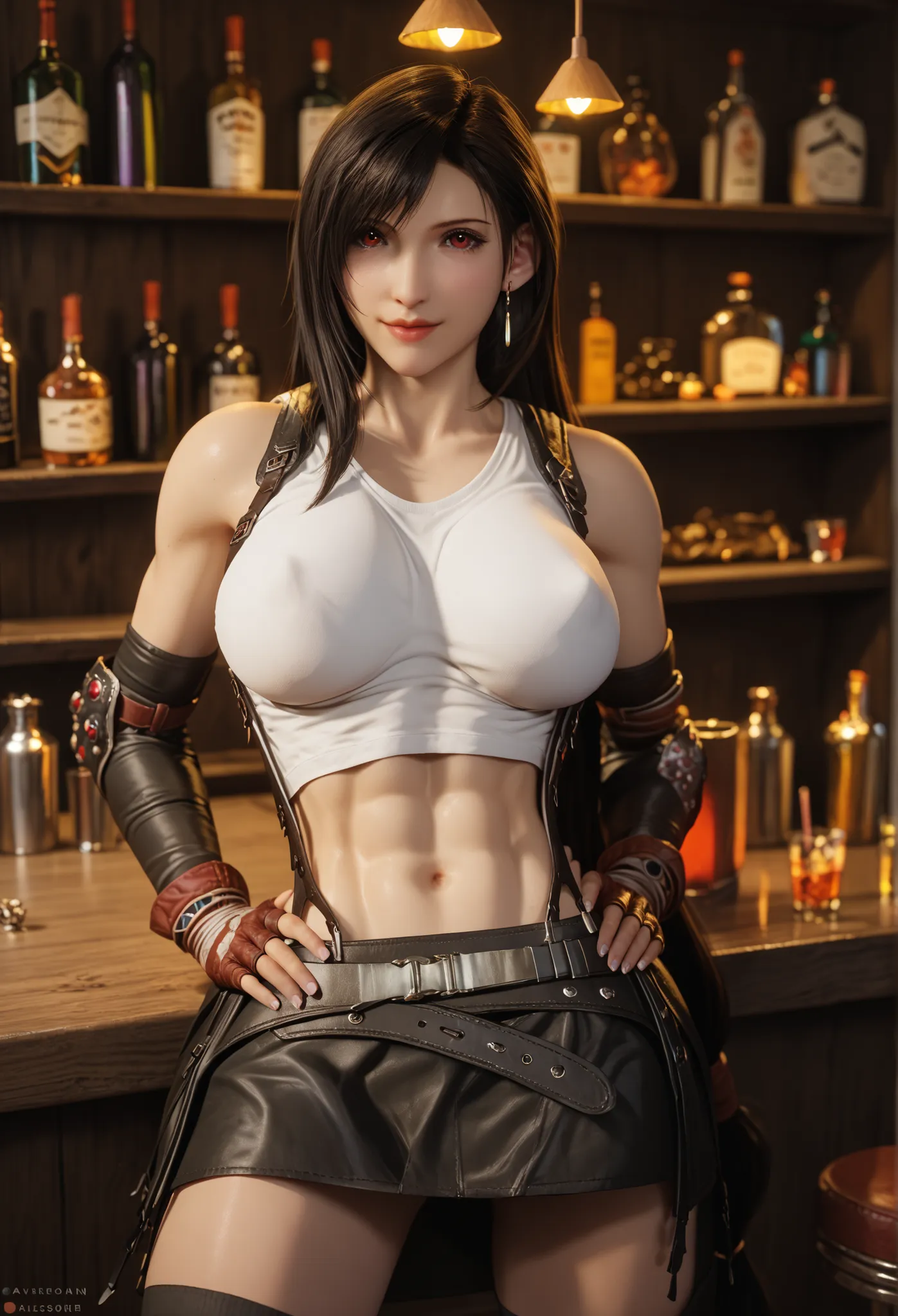 best quality, anatomisch korrekt, detailliertes Bild, high resolution, Tifa Lockhart, allein, Bar, Stands with legs apart at the counter, Looks at the viewer joyfully, geschlossener Mund, hands on hips, Upper body tilted slightly forward towards the observ...