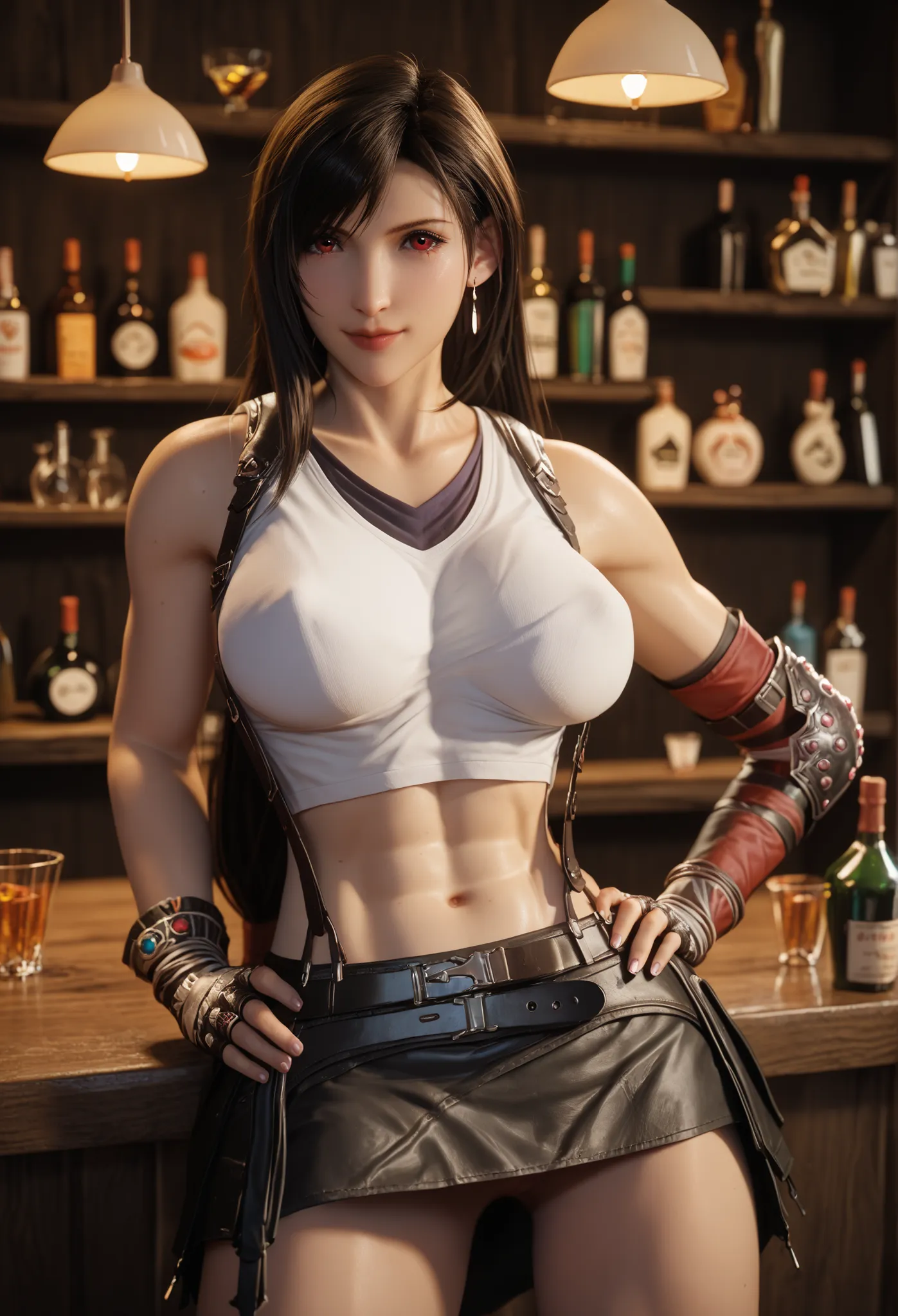 best quality, anatomisch korrekt, detailliertes Bild, high resolution, Tifa Lockhart, allein, Bar, Stands with legs apart at the counter, Looks at the viewer joyfully, geschlossener Mund, hands on hips, Upper body tilted slightly forward towards the observ...