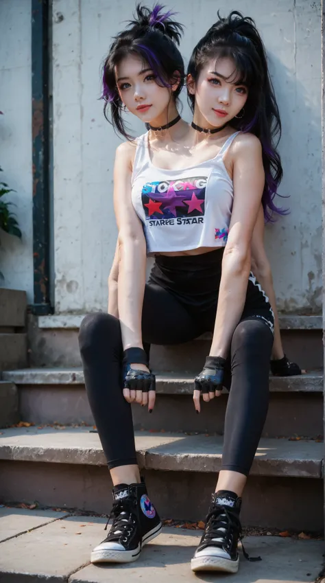 best resolution,full body, anime woman with two heads, blue eyes, different hair colors, purple hair, black hair, different hairstyles, different hair-lengths, short hair, long hair, spiky hair, straight hair, hair down, tanktop, one shoulder bare, blac...