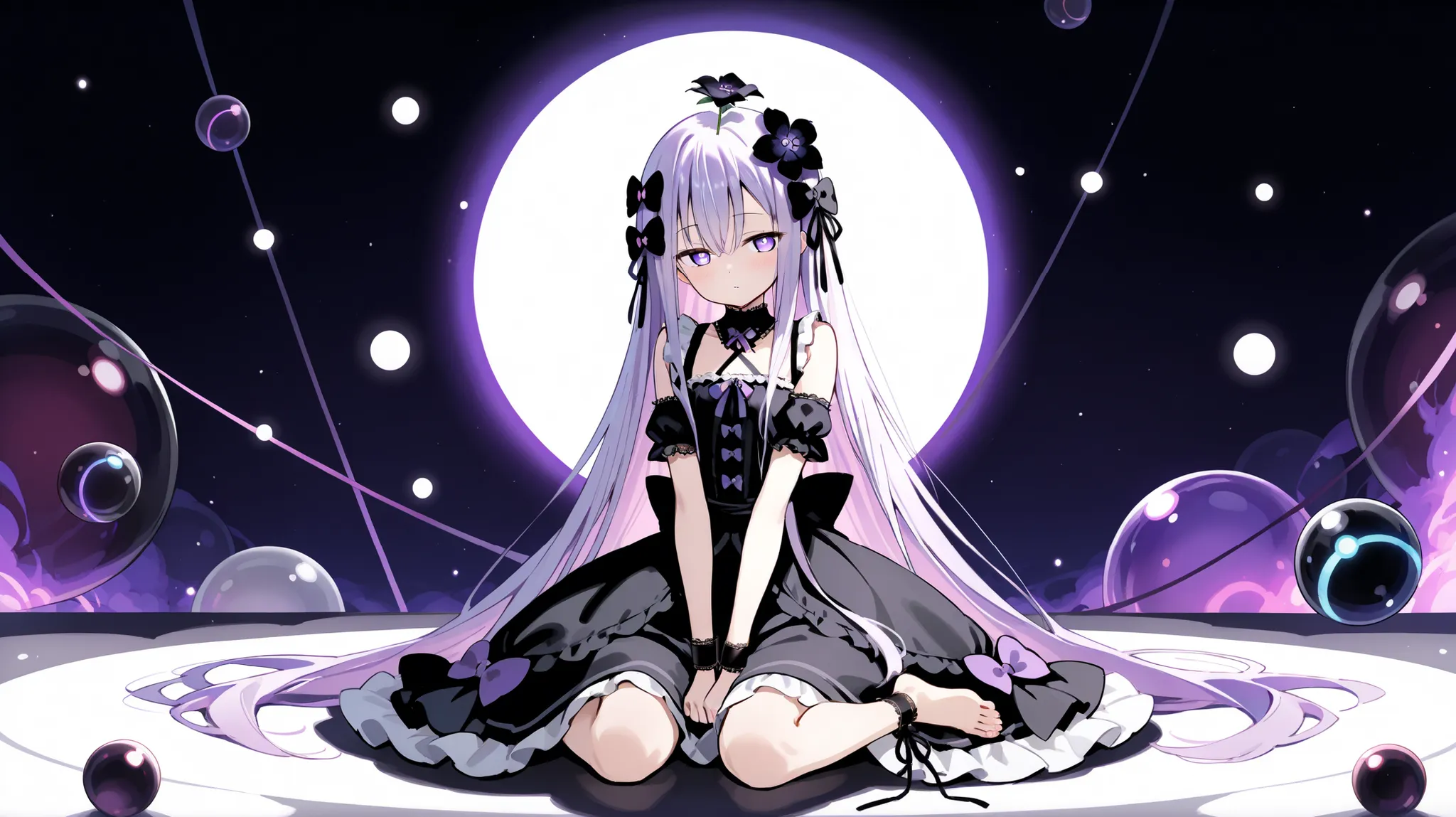 A young-looking anime girl with very long hair, straight and white . ((Her eyes are large and of a bright purple hue, which highlights her melancholic and innocent expression). (She wears a gothic maid dress in dark and white colors, with ruffles and deco...