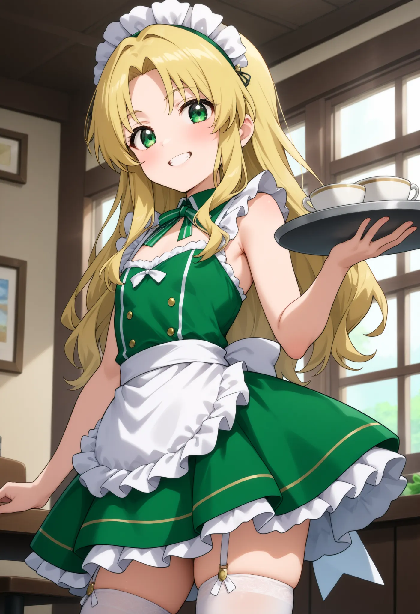 higurashikira, anime screencap, anime coloring, cowboy shot, 
1girl, solo, short female, toned female, beige blonde hair, long hair, layered hair, parted bangs, medium sidelocks, green eyes, flat chest, 
maid uniform, maid headdress, sleeveless green dress...