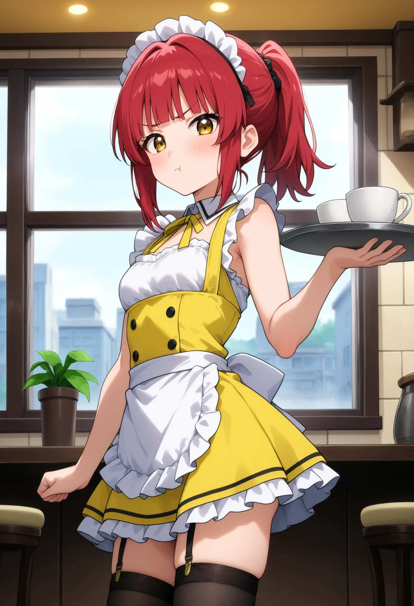 higurashikira, anime screencap, anime coloring, cowboy shot, 
1girl, solo, short female, toned female, red hair, medium hair, ponytail, blunt bangs, short sidelocks, yellow eyes, small breasts, 
maid uniform, maid headdress, sleeveless yellow dress, yellow...