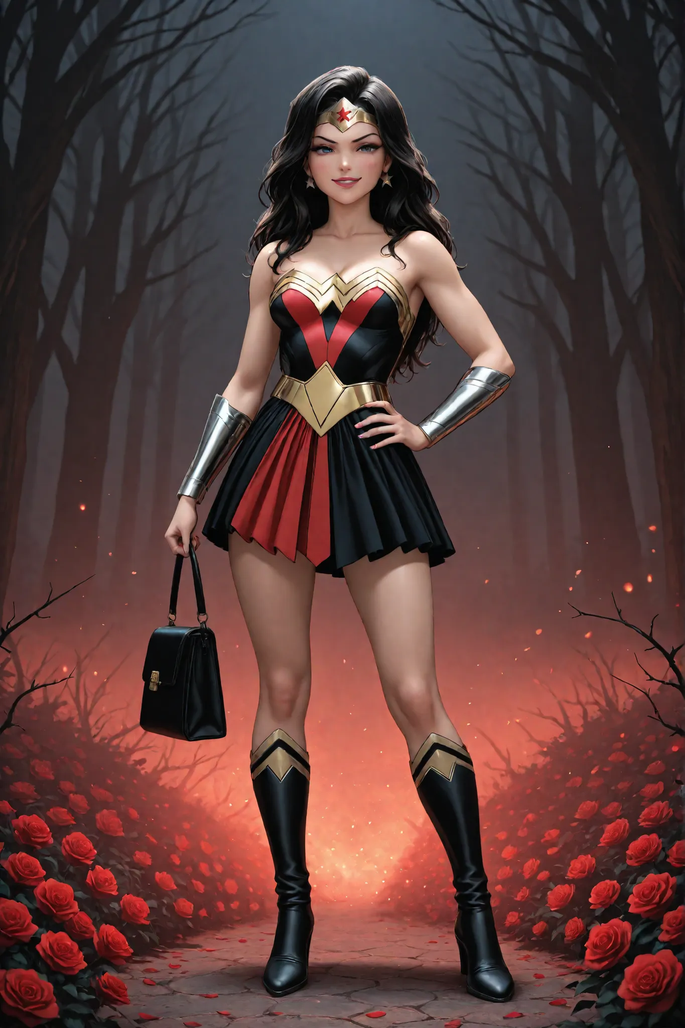 A full body image of a beautiful wonder woman very sexy with long brown messy hair wearing a pink and black lace buffy gown inspired by Monet, she is holding a small patent black handbag in her hand, sassy,smiling, pink lipstick, rosy cheeks,detailed, ma...