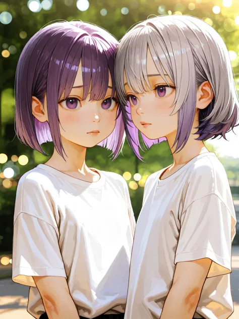 short girl, Sisters Girls,is young, flat chested,realisticな外観, big purple eyes, short bob、Two-tone purple hair and gray hair、white shirt、shy、Outdoors、細部にこだわったrealisticな影、movie stills, real、Highest Quality, realistic, 4K Rendering, ultra-fine texture, Profe...