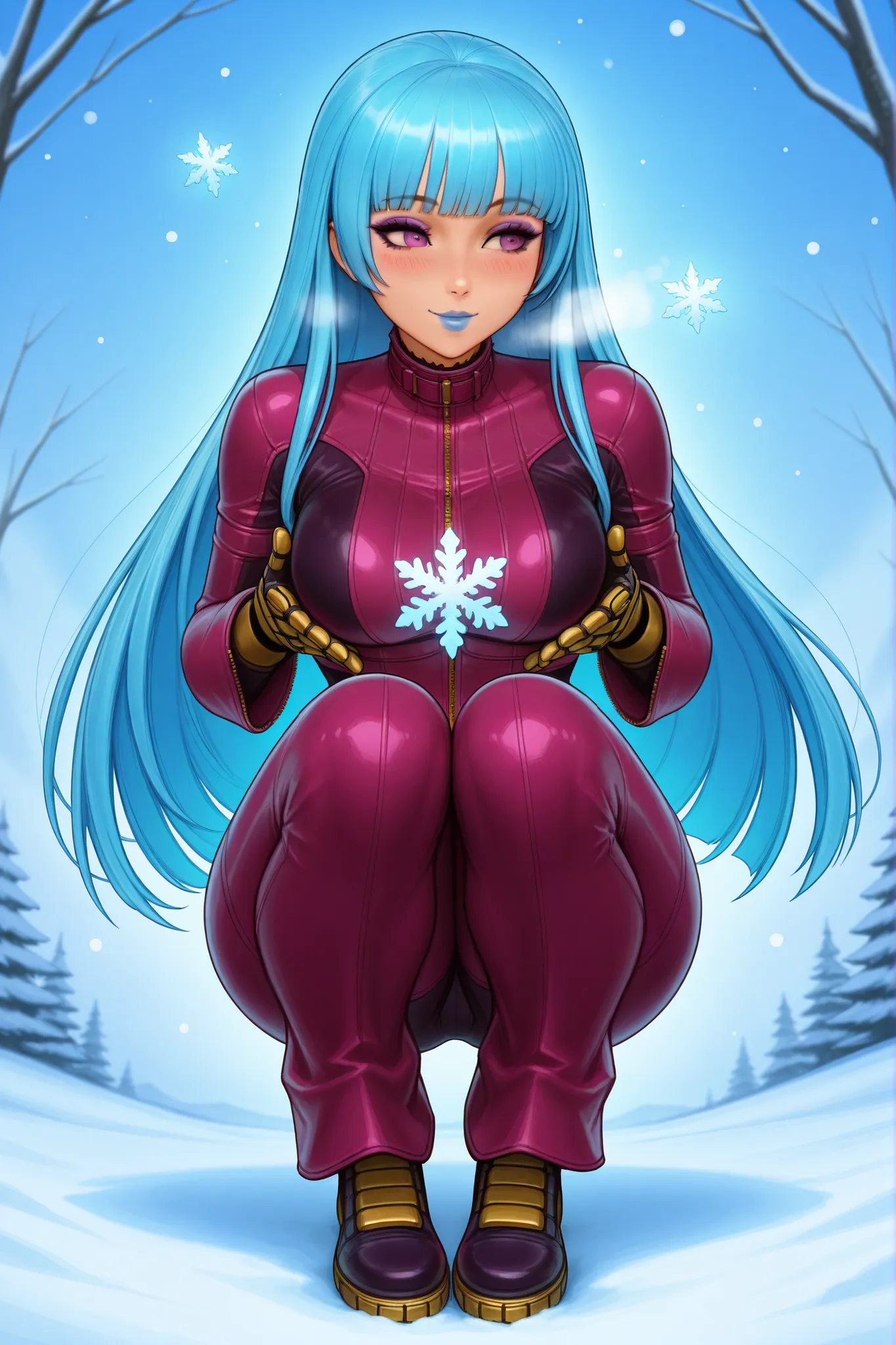 masterpiece, best quality, absurdres, newest, very aesthetic, amazing quality,highres, Kula Diamond \(king of fighters\), blue hair, hime cut, purple eyes, gloves, (1girl), (detailed face:1.2), (detailed eyes:1.3), black eyeliner,purple eyeshadow, blue lip...
