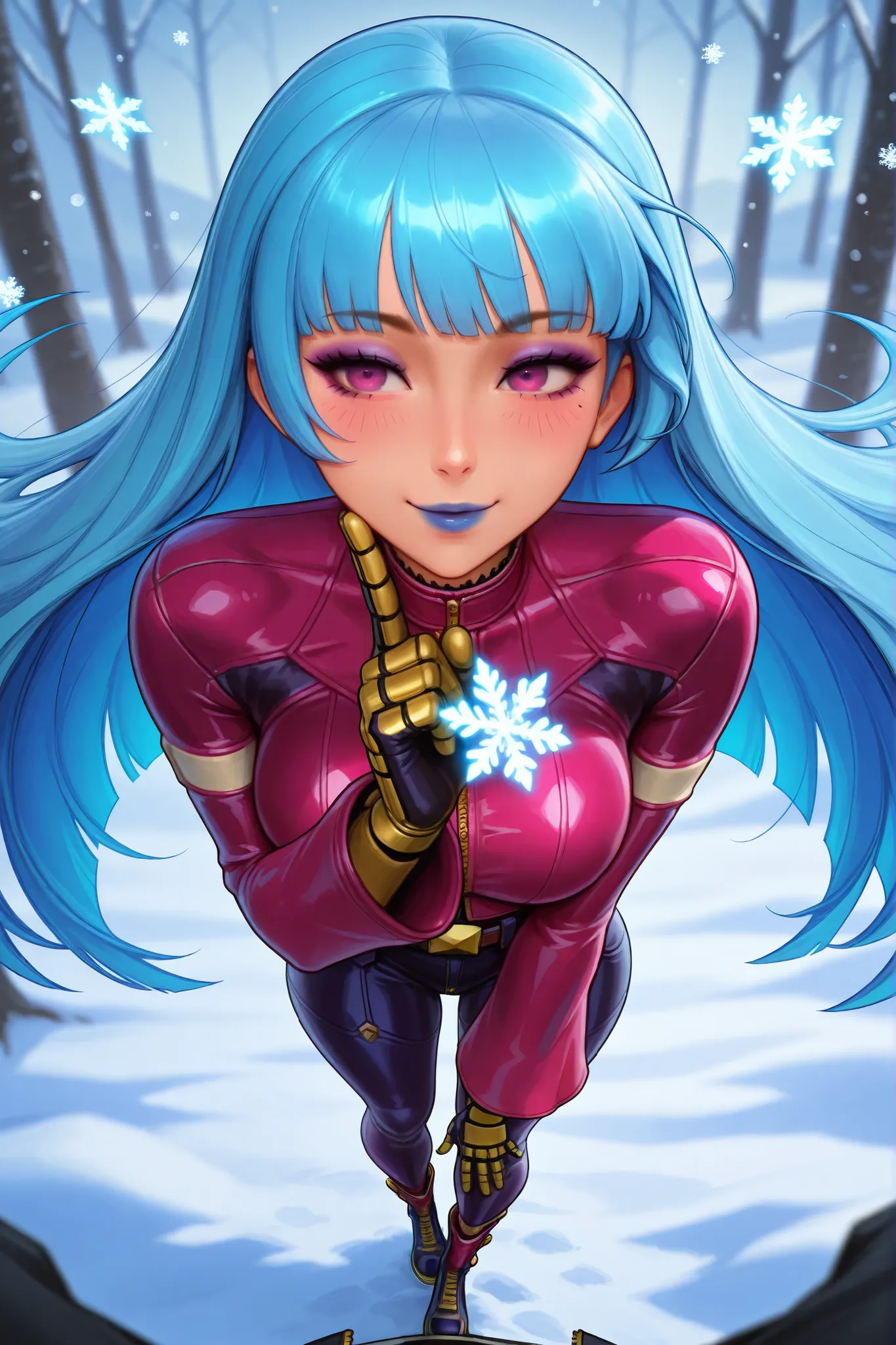 masterpiece, best quality, absurdres, newest, very aesthetic, amazing quality,highres, Kula Diamond \(king of fighters\), blue hair, hime cut, purple eyes, gloves, (1girl), (detailed face:1.2), (detailed eyes:1.3), black eyeliner,purple eyeshadow, blue lip...