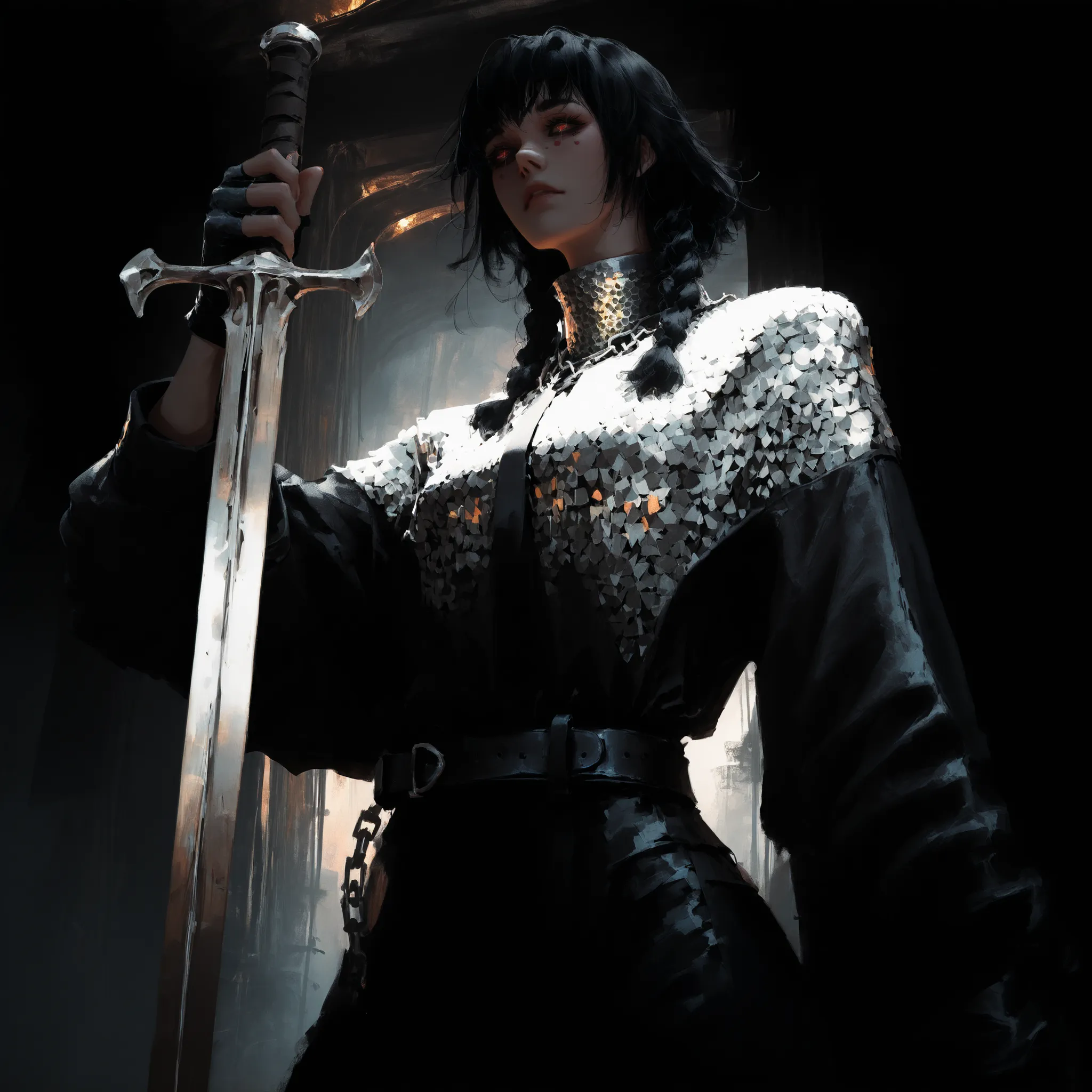 artist: wlop, masterpiece, best quality, illustration, a vampire woman, beautiful woman, European facial features, Caucasian, small breasts, shoulder length black hair, small braids, red irises, detailed face, loose fitting leather pants, female wearing ve...