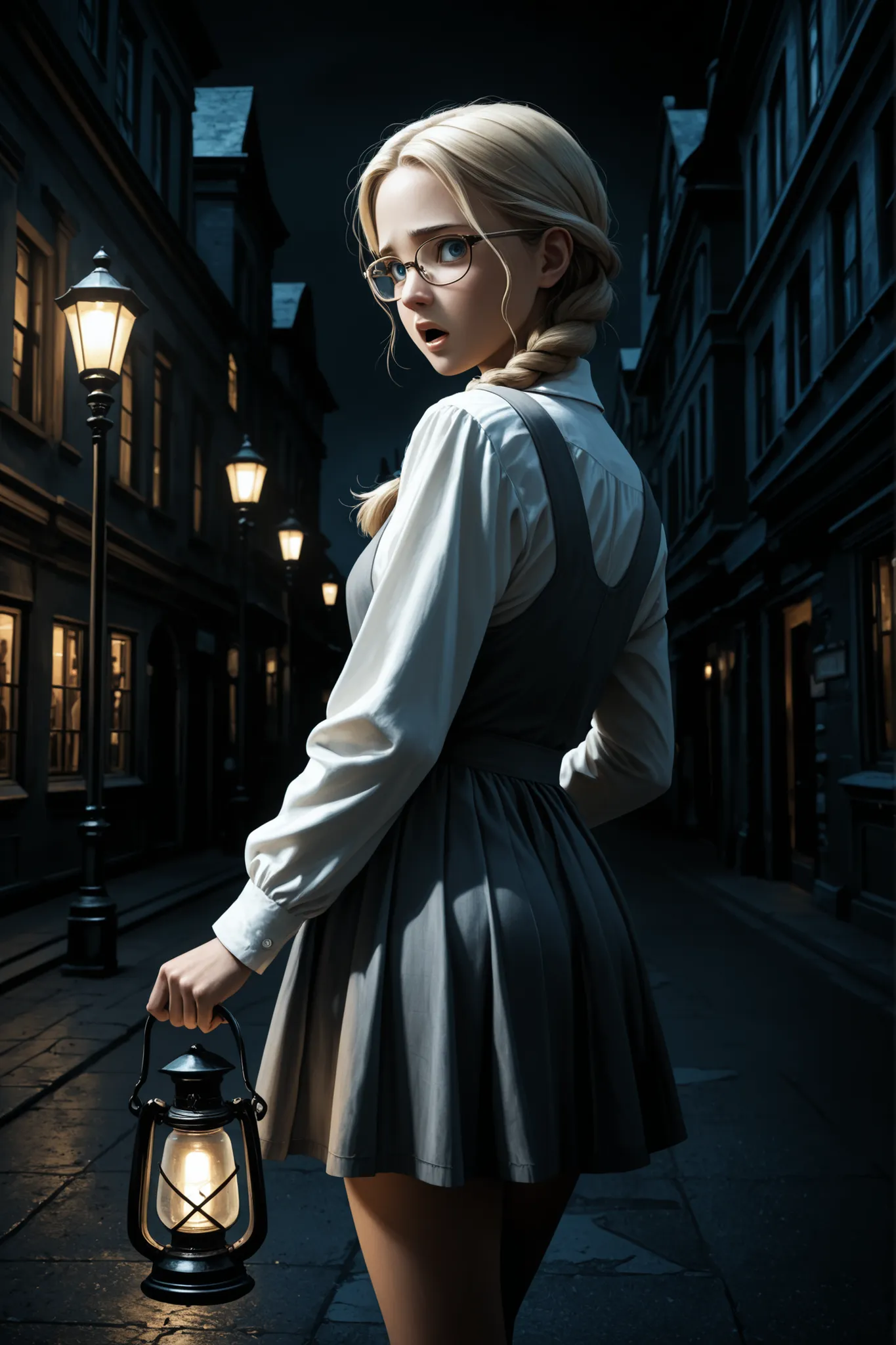 (vintage art, illustration, masterpiece), absurdres,best quality,amazing quality, dark, blue theme, subterranean underground city, london, street, buildings, victorian architecture, lamppost, solo, cowboy shot, from behind, young girl, fair skin, blonde ha...