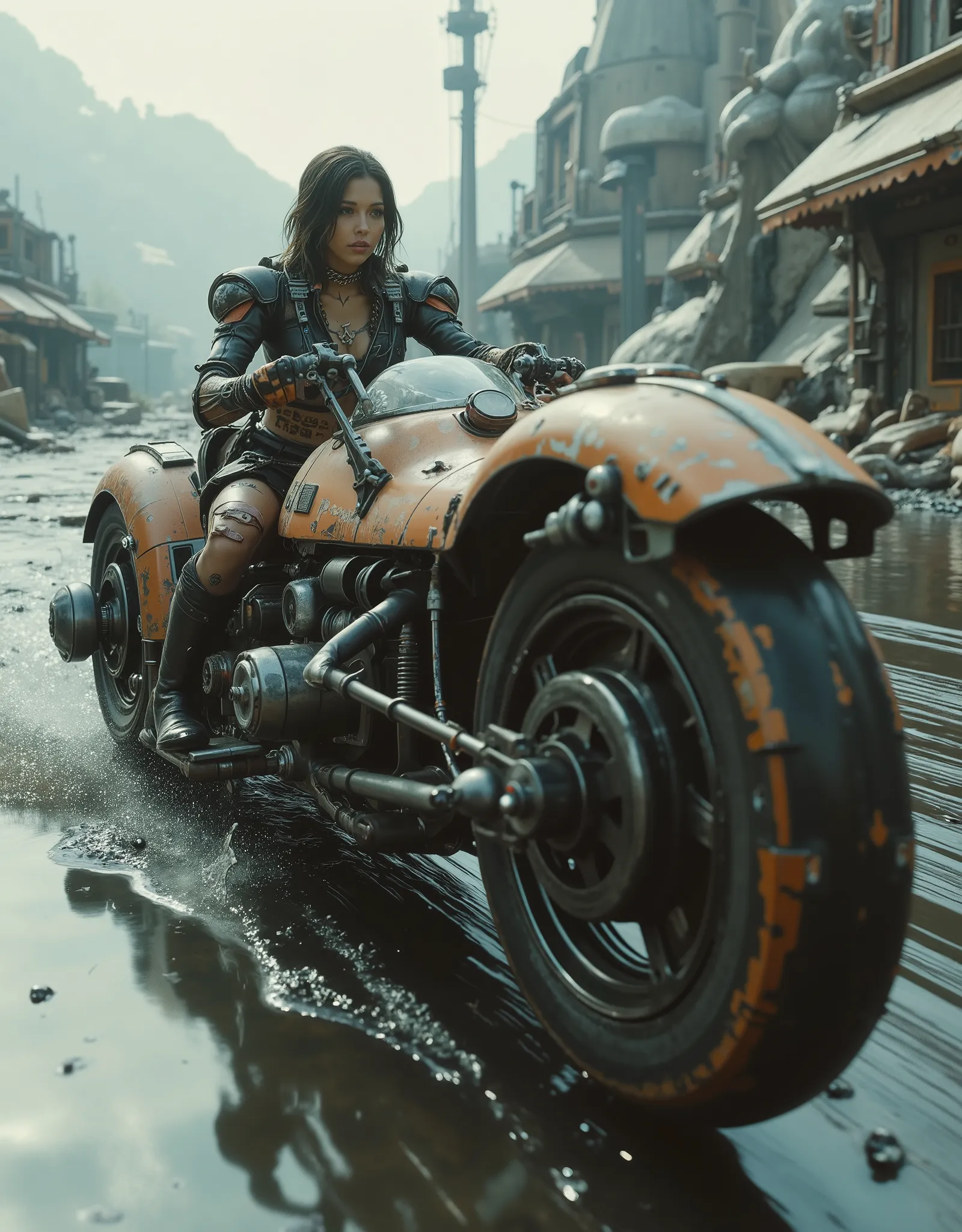 cinematographic photography using the rule of thirds and composition on planes Side photo full body shot counterposed, soft light, unmarked contrasts, a retrofuturistic motorcycle (Speeder bike) Flying ( bike) inspired by motorcycles with low frames and l...
