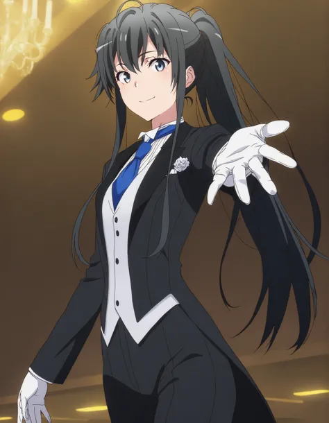masterpiece, best quality, very detailed, , masterpiece, best quality,  eyelashes, (Beautiful Eyes), cowboy shot, anime,  Official Illustration,,,in front,,,1girl, solo, standing yukinoshita yukino, blue eyes , black hair, long hair, ponytail, tuxedo tailc...