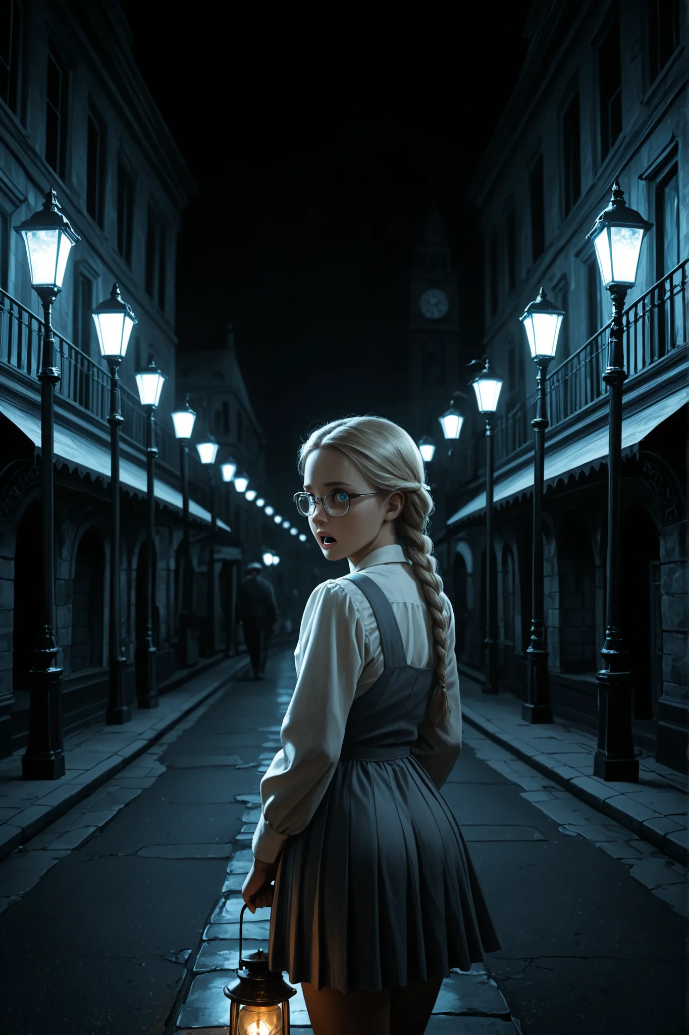 (vintage art, illustration, masterpiece), absurdres,best quality,amazing quality, dark, blue theme, subterranean underground city, london, deserted, street, buildings, victorian architecture, lamppost, solo, cowboy shot, from behind, young girl, fair skin,...