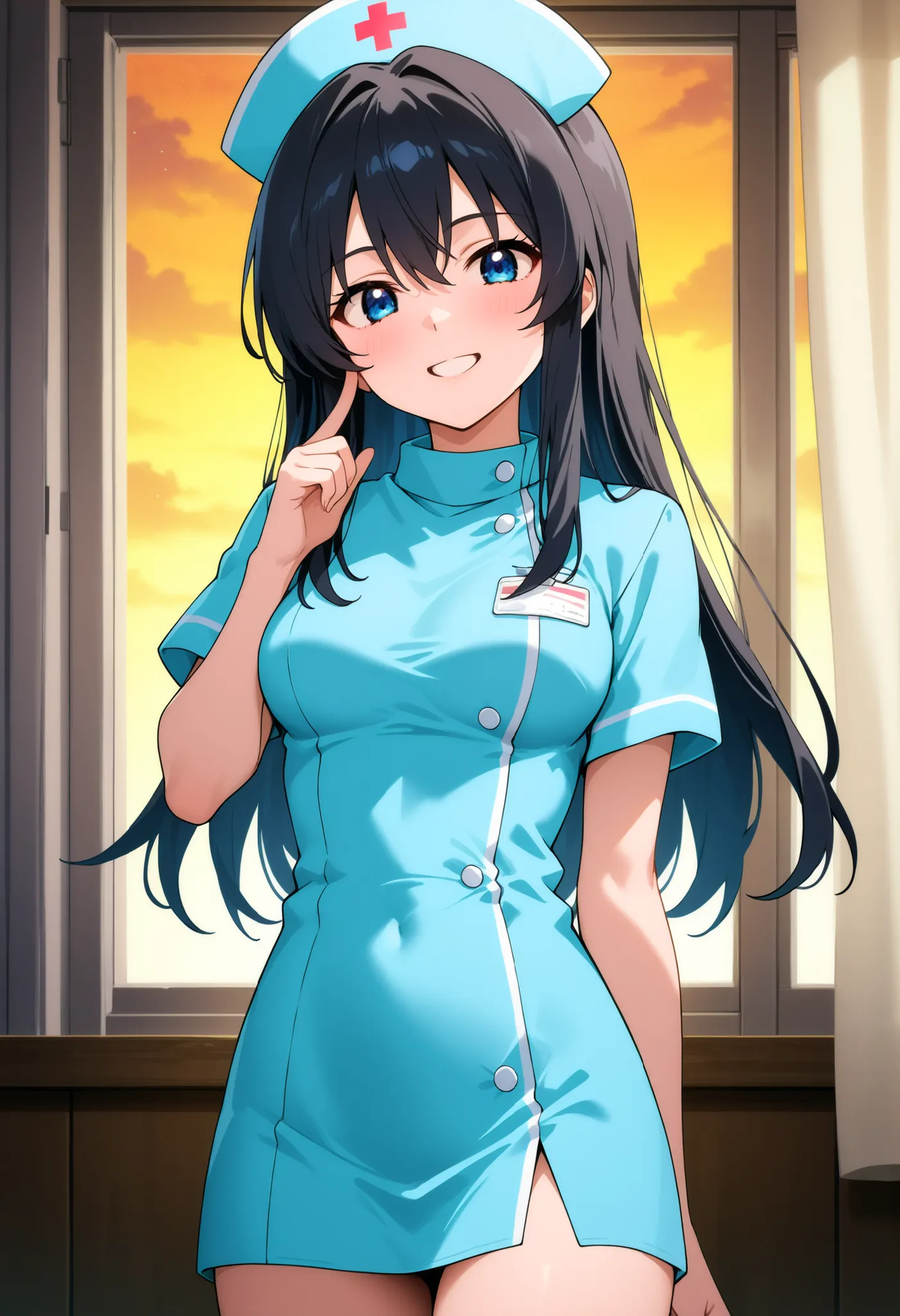 higurashikira, anime screencap, anime coloring, cowboy shot, 
1girl, solo, medium female, toned female, black hair, long hair, bangs, hair between eyes, long sidelocks, blue eyes, medium breasts, 
nurse uniform, blue short dress, blue nurse cap, 
looking a...