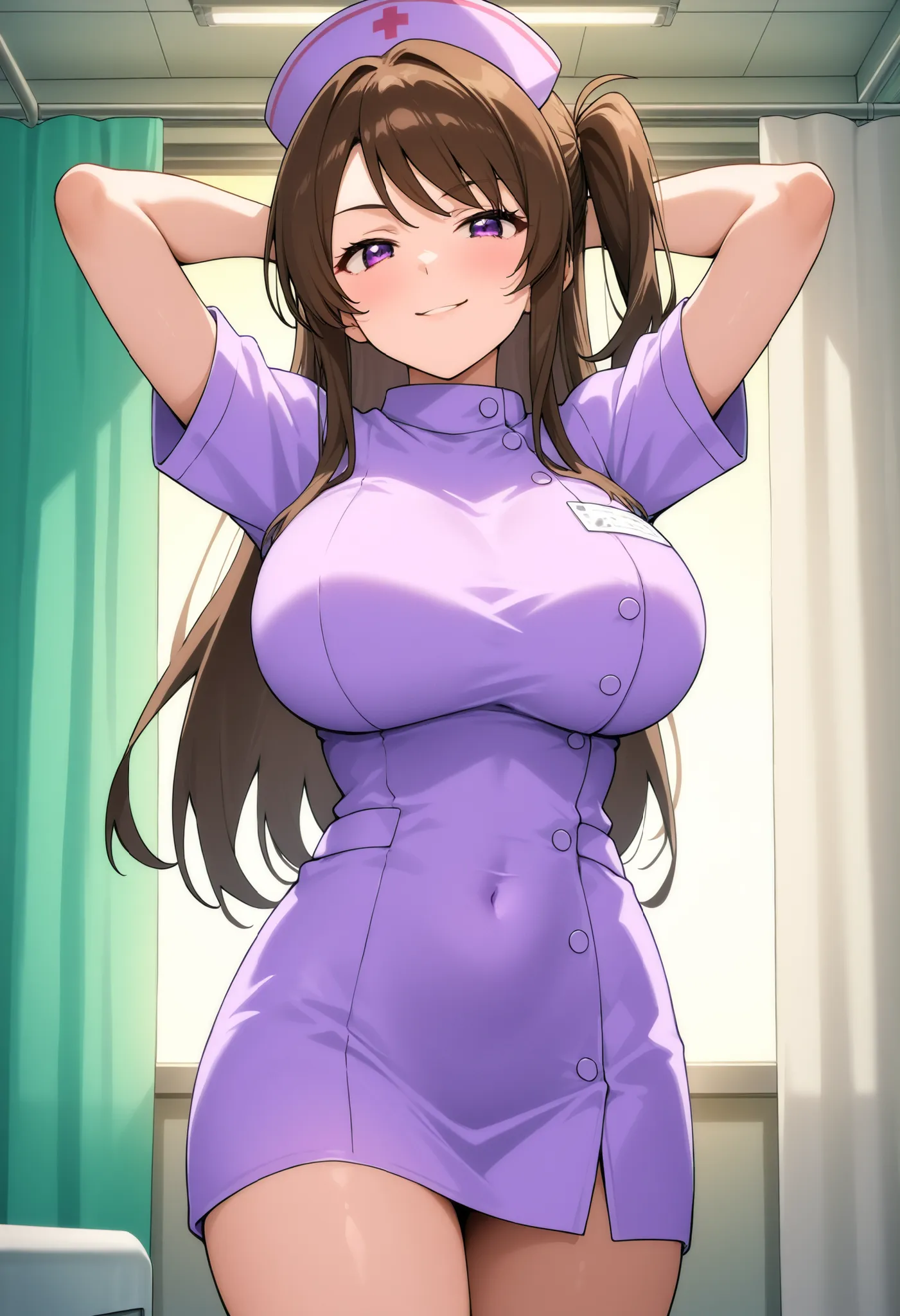 higurashikira, anime screencap, anime coloring, cowboy shot, 
1girl, solo, tall female, toned female, brown hair, long hair, one side up, swept bangs, long sidelocks, purple eyes, huge breasts, 
nurse uniform, purple short dress, purple nurse cap, 
looking...