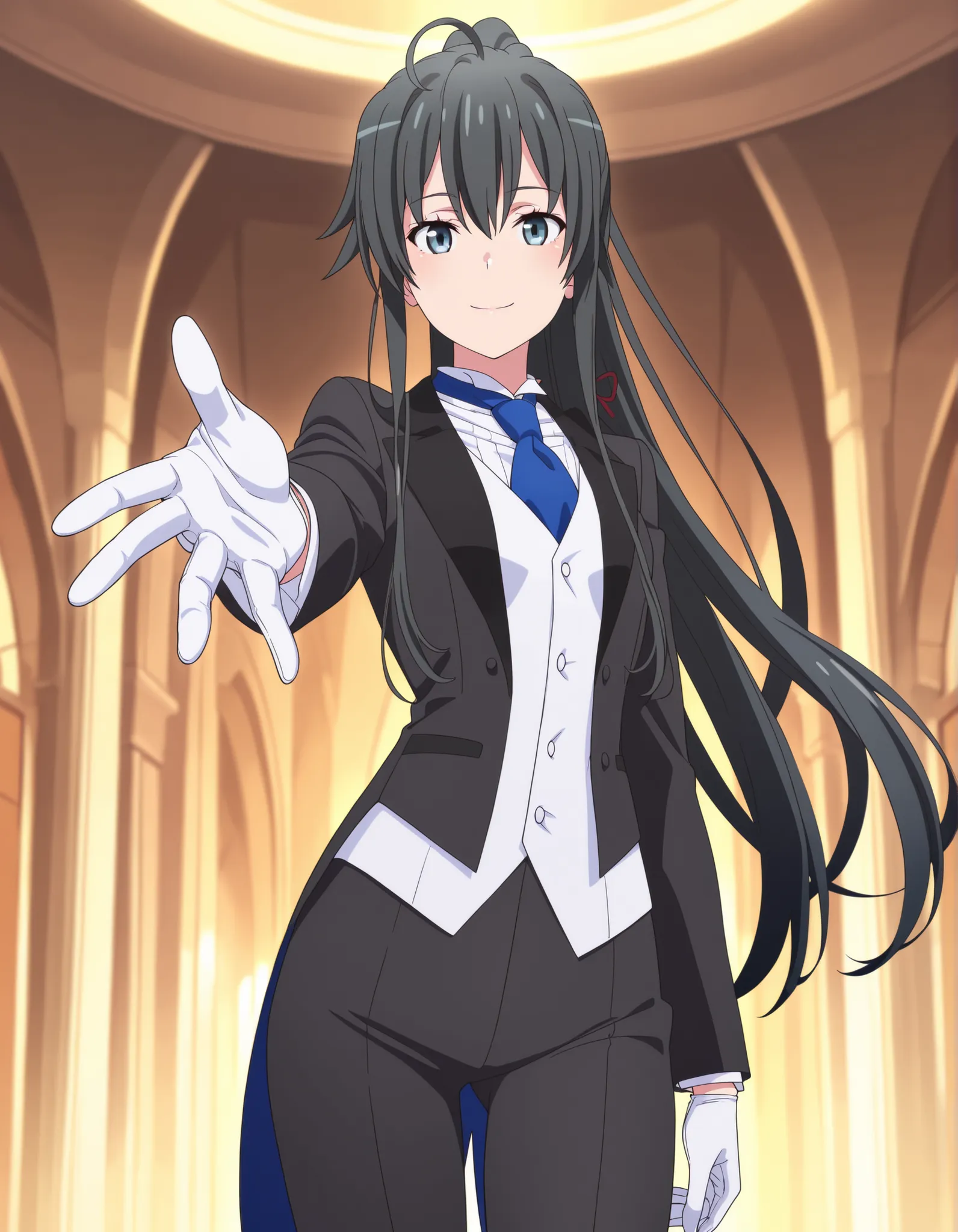 masterpiece, best quality, very detailed, , masterpiece, best quality,  eyelashes, (Beautiful Eyes), cowboy shot, anime,  Official Illustration,,,in front,,,1girl, solo, standing yukinoshita yukino, blue eyes , black hair, long hair, ponytail, tuxedo tailc...