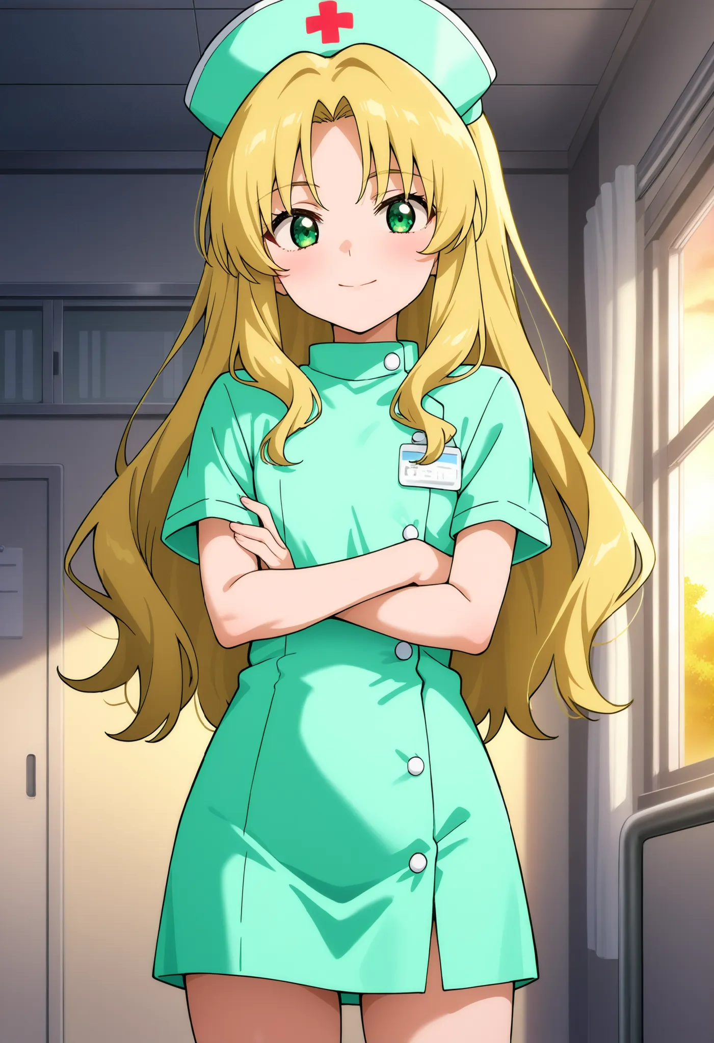 higurashikira, anime screencap, anime coloring, cowboy shot, 
1girl, solo, short female, toned female, beige blonde hair, long hair, layered hair, parted bangs, medium sidelocks, green eyes, flat chest, 
nurse uniform, green short dress, green nurse cap, 
...