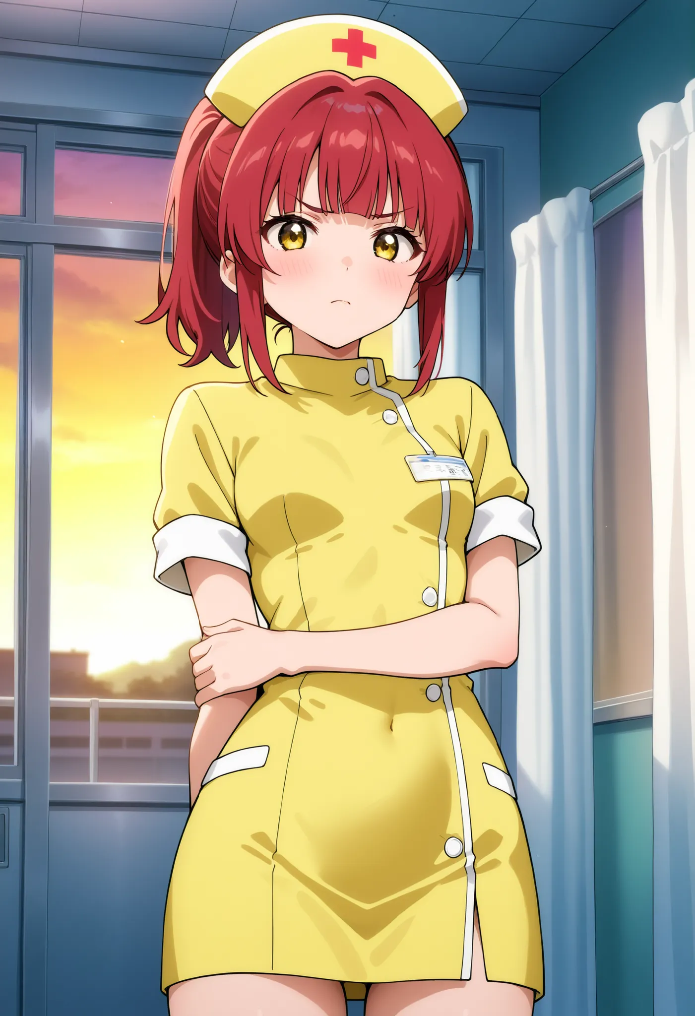 higurashikira, anime screencap, anime coloring, cowboy shot, 
1girl, solo, short female, toned female, red hair, medium hair, ponytail, blunt bangs, short sidelocks, yellow eyes, small breasts, 
nurse uniform, yellow short dress, yellow nurse cap, 
looking...
