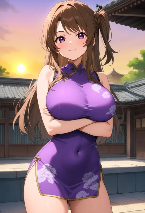 higurashikira, anime screencap, anime coloring, cowboy shot, 
1girl, solo, tall female, toned female, brown hair, long hair, one side up, swept bangs, long sidelocks, purple eyes, huge breasts, 
china dress, purple sleeveless short dress, 
looking at viewe...