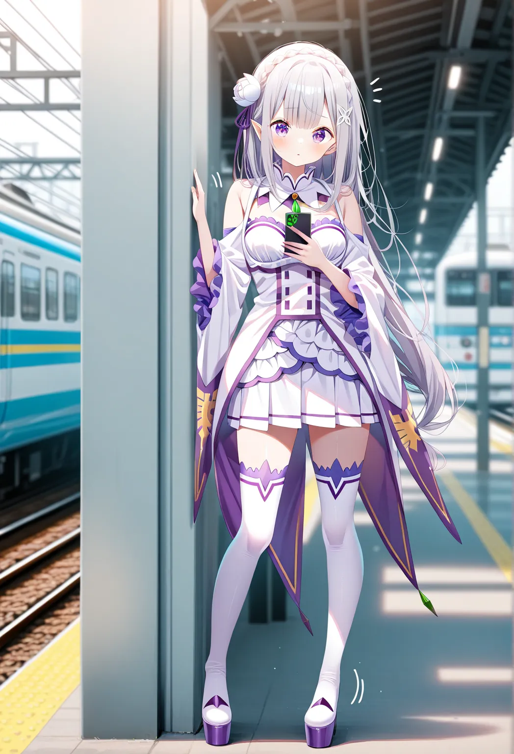 1girl, emilia (re_zero), standing, one hand on wall, looking down, train station, train, motion blur, depth of field, masterpiece, best quality,absurdres, newest, platform, motion lines:1.55, speed lines,beautiful detailed eyes, detailed face, looking at viewer, thighhigh, dress, japan, kyoto animation, kyoto, holding phone,(deyui,torino aqua,chen bin),