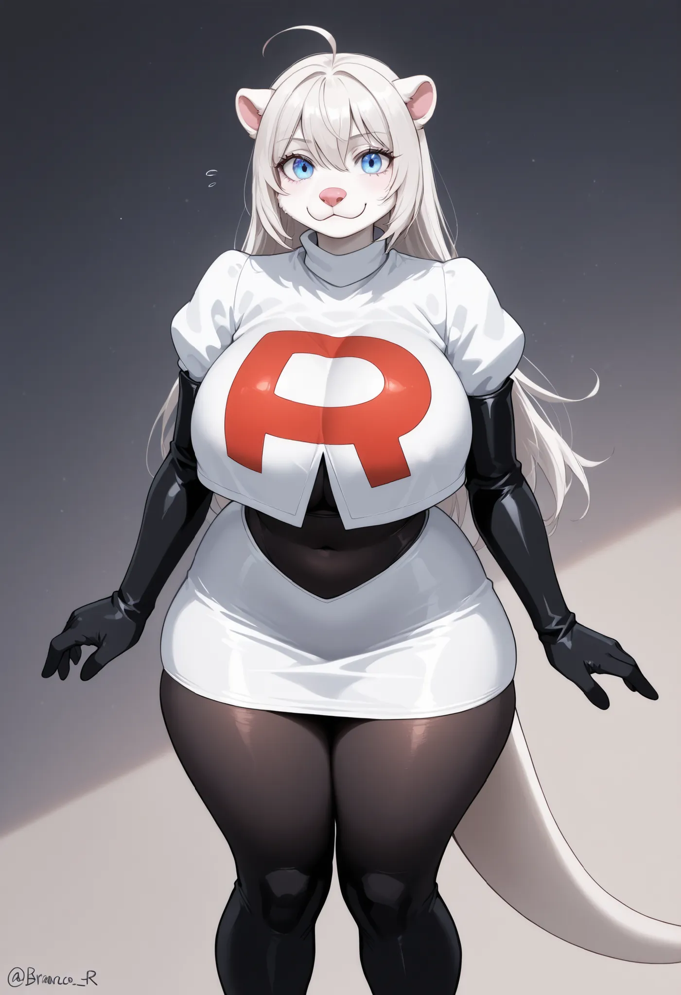 (obra-prima) ,melhor qualidade,incredible quality,very aesthetic,absurdidades,mais novo, furry, cosplay, Equipe Rocket, Team Rocket uniform,branco skirt,letra r vermelha,top curto,black tights,black elbow gloves, 1 menina, albino otter, White otter, pink n...