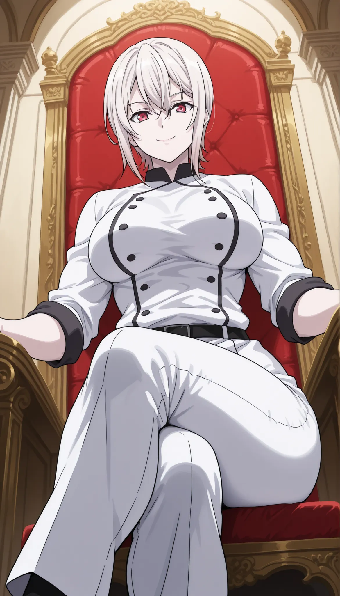 score_9, score_8_up, score_7_up, source_anime,
alicenakiri, 
alice nakiri, short hair, red eyes, white hair, hair between eyes, pants, white pants, chef, long sleeves, sleeves rolled up, indoors, kitchen, crossed legs, smile, confident face, large breasts,...