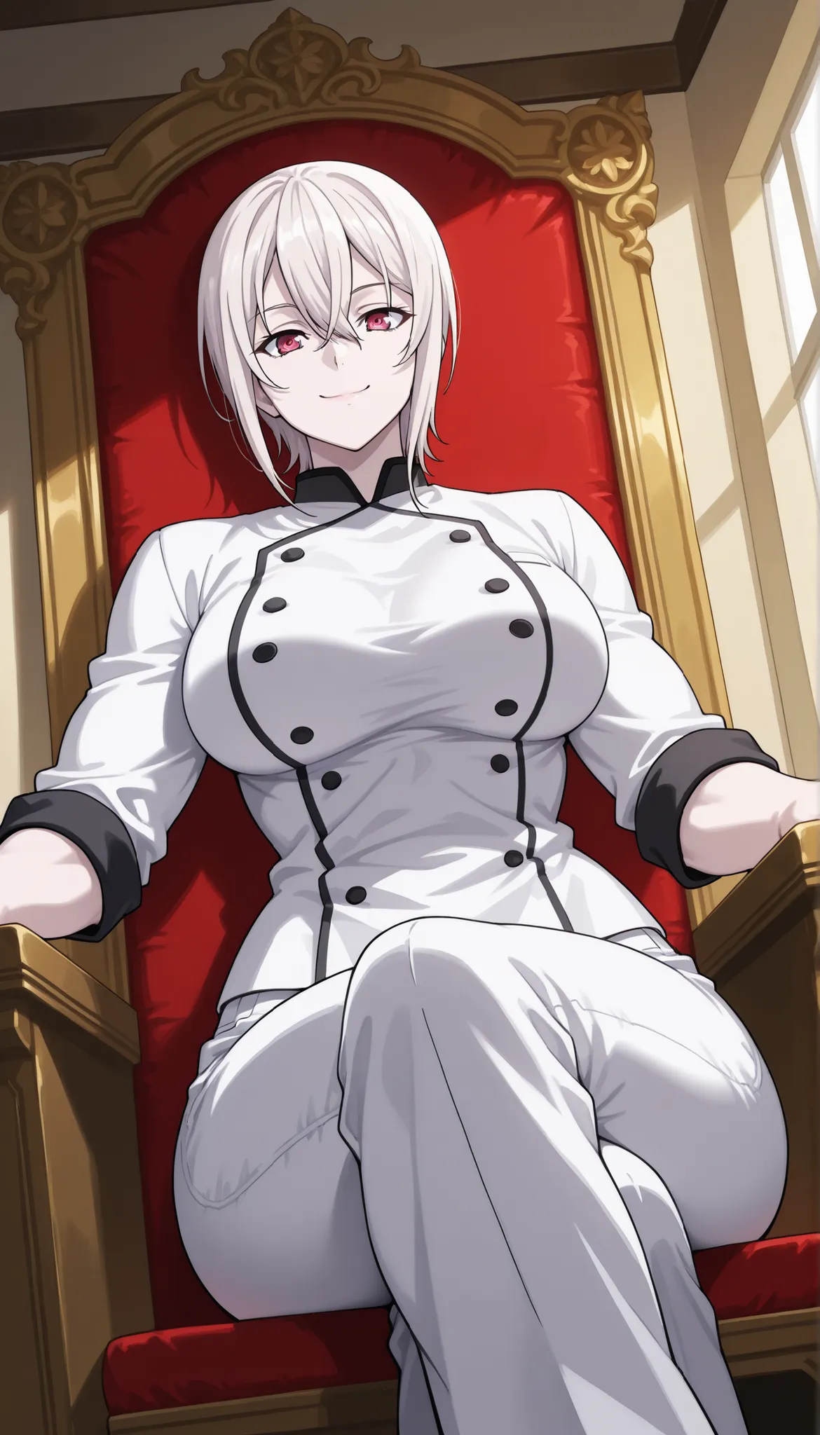 score_9, score_8_up, score_7_up, source_anime,
alicenakiri, 
alice nakiri, short hair, red eyes, white hair, hair between eyes, pants, white pants, chef, long sleeves, sleeves rolled up, indoors, kitchen, crossed legs, smile, confident face, large breasts,...