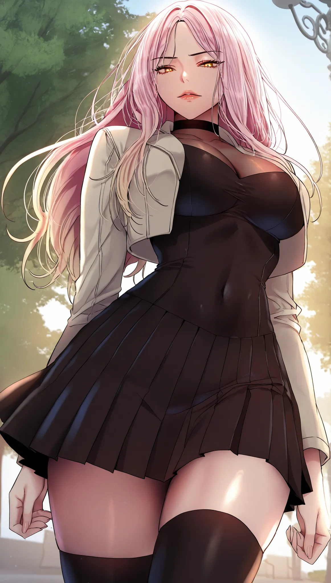 looking at viewer, seductive face,soft light, high detailed, best quality, standing, cowboy shot, from Below,kim ran, pink hair, long hair, blonde hair, gradient hair, yellow eyes, parted white jacket, turtleneck, cropped jacket, black choker, black dress,...